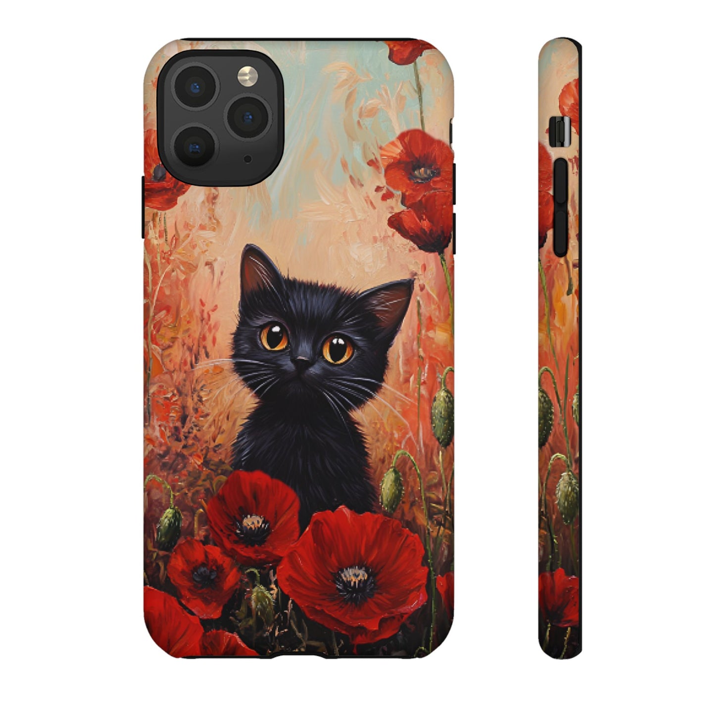 Cute Black Cat in Poppy Flower Field Phone Case - Cat Lover Phone Cases for iPhone 16 15 14 13 12 11, Samsung Galaxy & Google Pixel