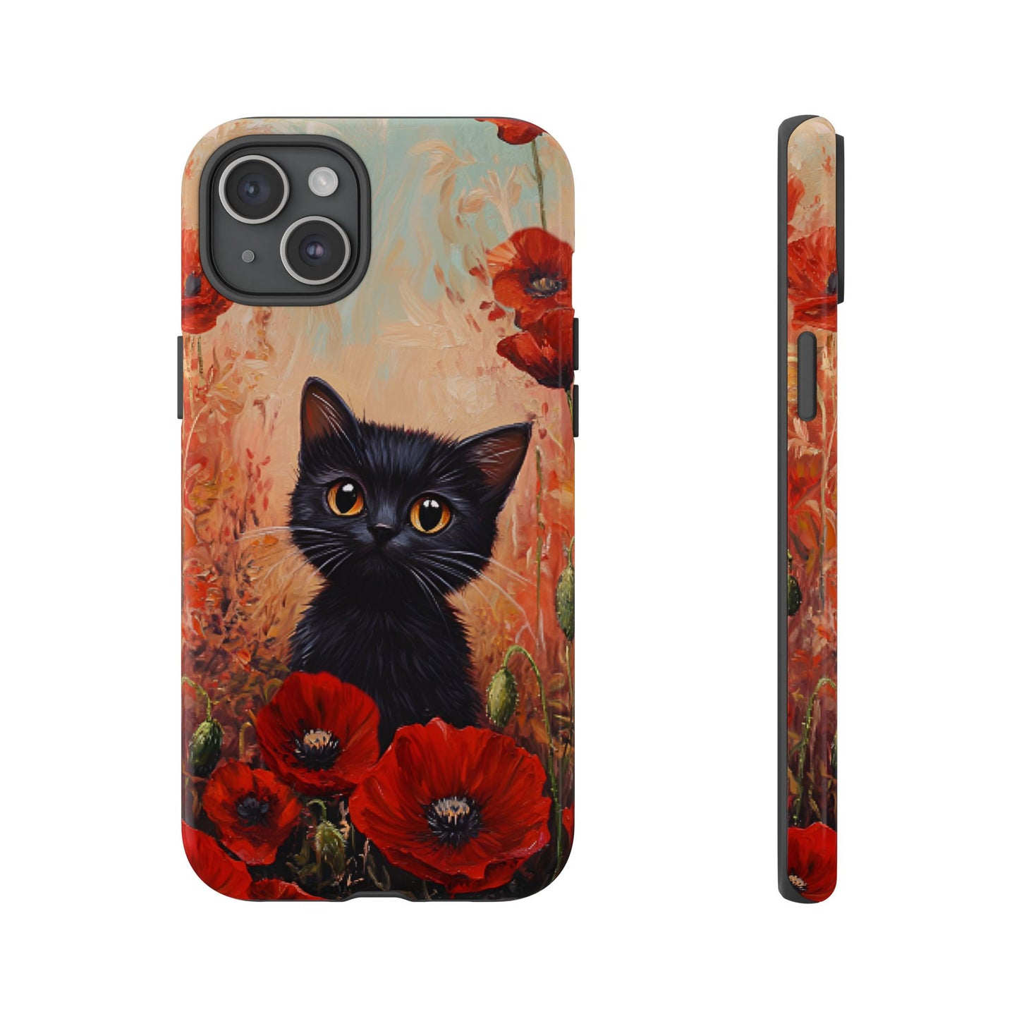 Cute Black Cat in Poppy Flower Field Phone Case - Cat Lover Phone Cases for iPhone 16 15 14 13 12 11, Samsung Galaxy & Google Pixel
