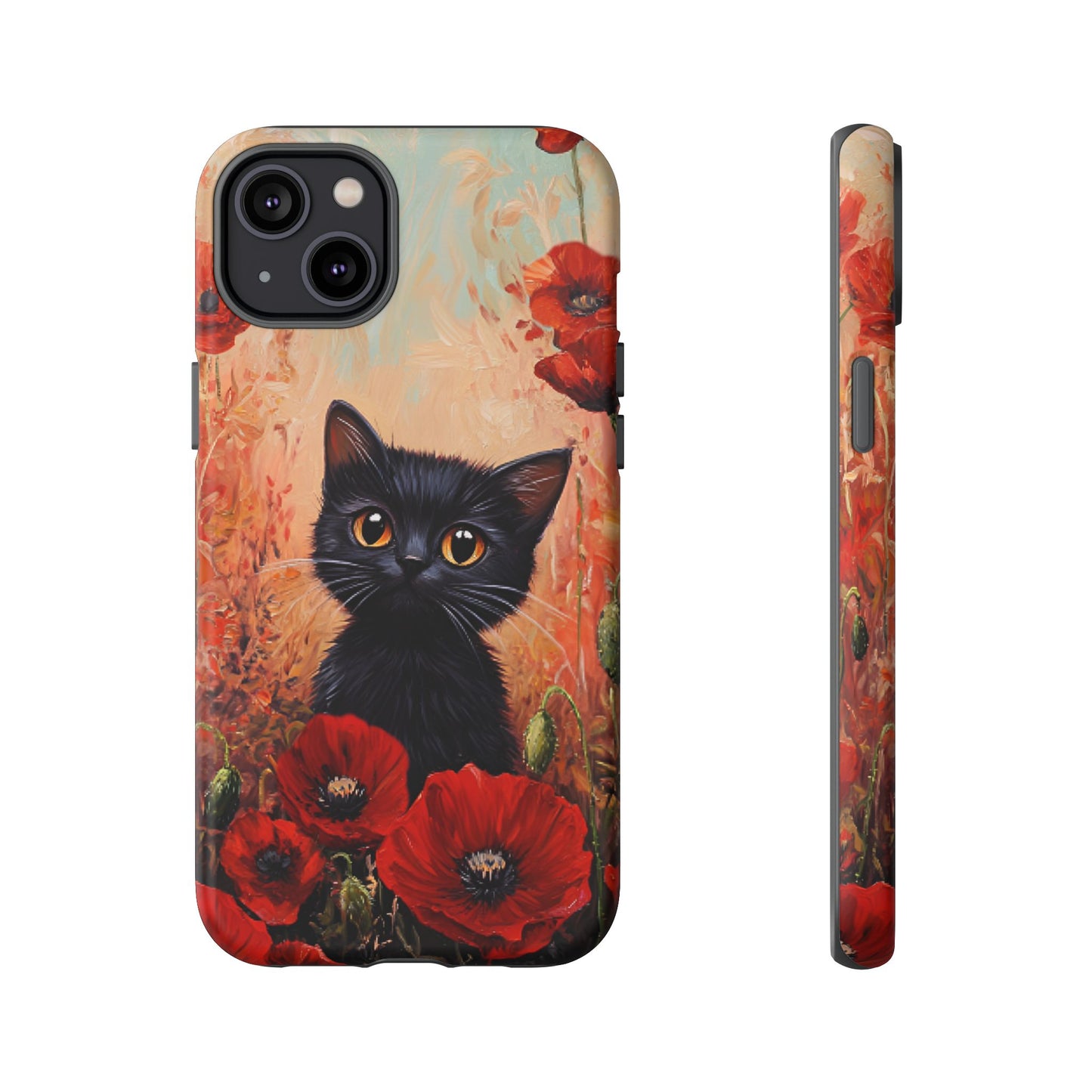 Cute Black Cat in Poppy Flower Field Phone Case - Cat Lover Phone Cases for iPhone 16 15 14 13 12 11, Samsung Galaxy & Google Pixel