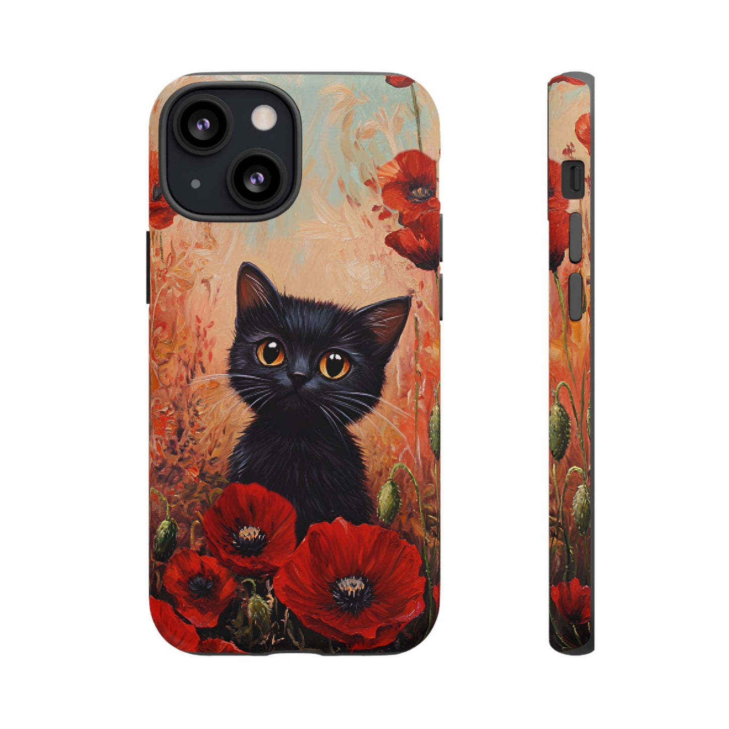 Cute Black Cat in Poppy Flower Field Phone Case - Cat Lover Phone Cases for iPhone 16 15 14 13 12 11, Samsung Galaxy & Google Pixel