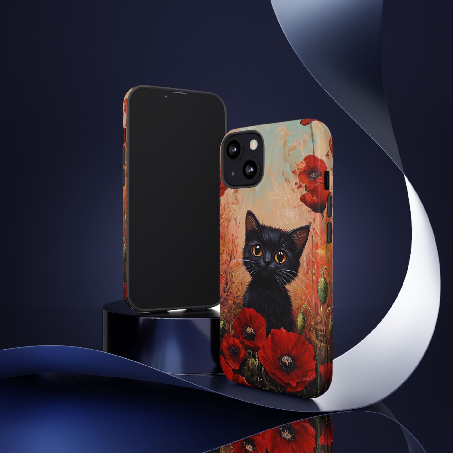 Cute Black Cat in Poppy Flower Field Phone Case - Cat Lover Phone Cases for iPhone 16 15 14 13 12 11, Samsung Galaxy & Google Pixel