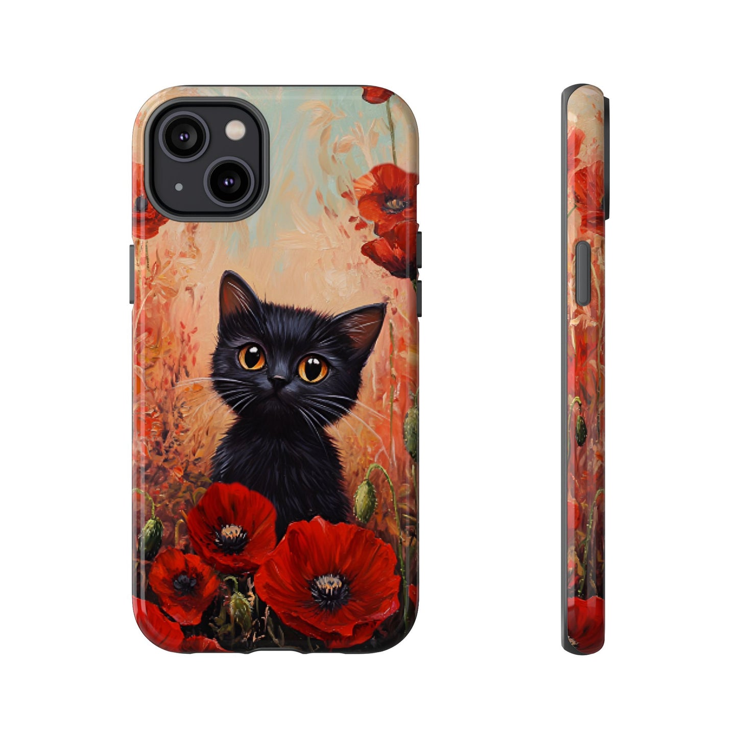 Cute Black Cat in Poppy Flower Field Phone Case - Cat Lover Phone Cases for iPhone 16 15 14 13 12 11, Samsung Galaxy & Google Pixel
