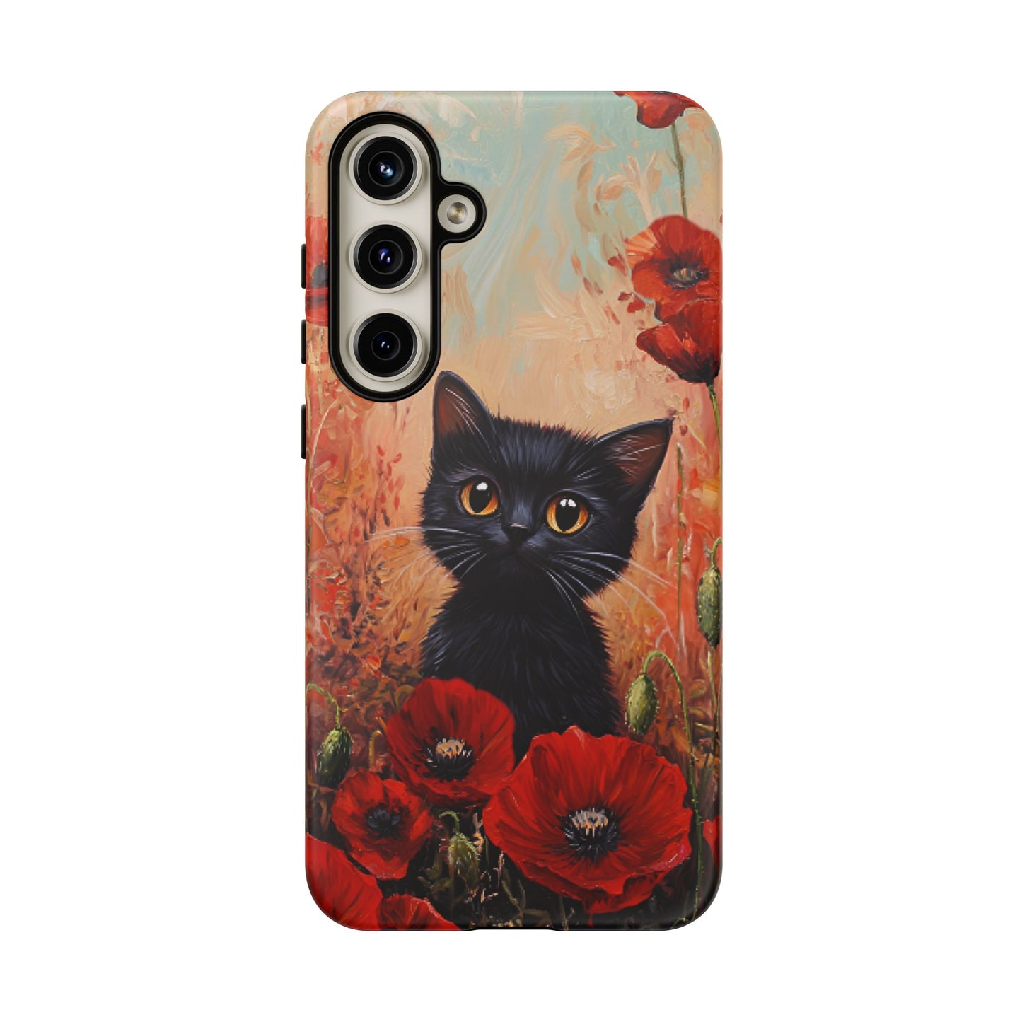 Cute Black Cat in Poppy Flower Field Phone Case - Cat Lover Phone Cases for iPhone 16 15 14 13 12 11, Samsung Galaxy & Google Pixel