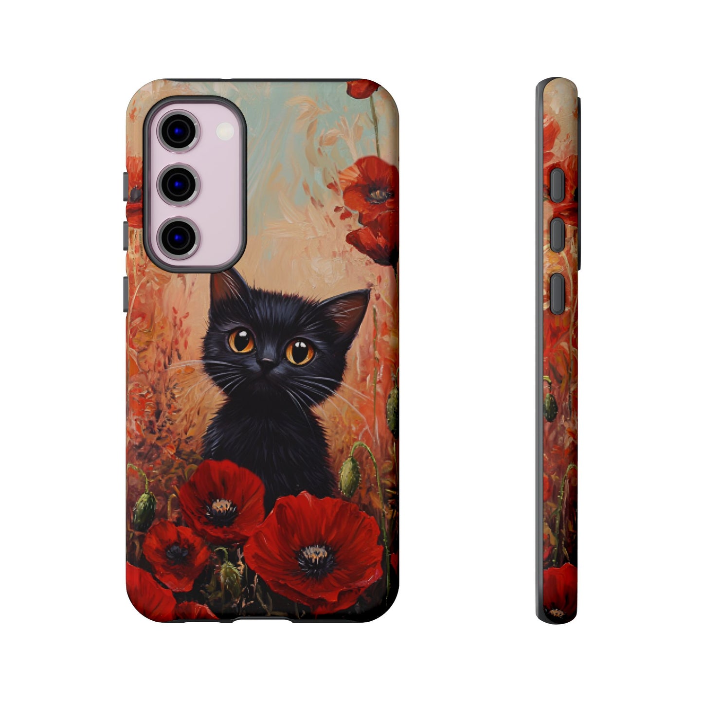 Cute Black Cat in Poppy Flower Field Phone Case - Cat Lover Phone Cases for iPhone 16 15 14 13 12 11, Samsung Galaxy & Google Pixel