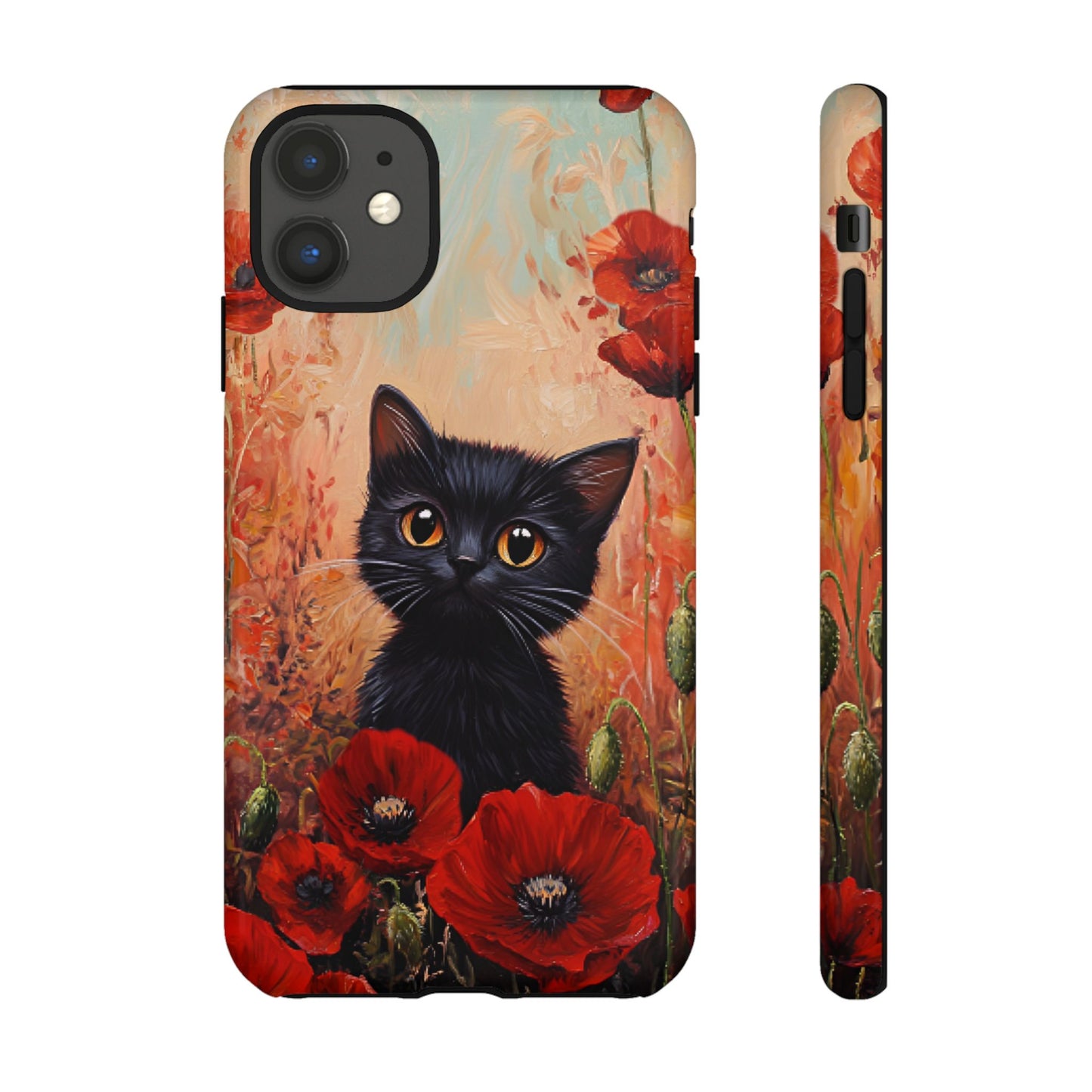 Cute Black Cat in Poppy Flower Field Phone Case - Cat Lover Phone Cases for iPhone 16 15 14 13 12 11, Samsung Galaxy & Google Pixel