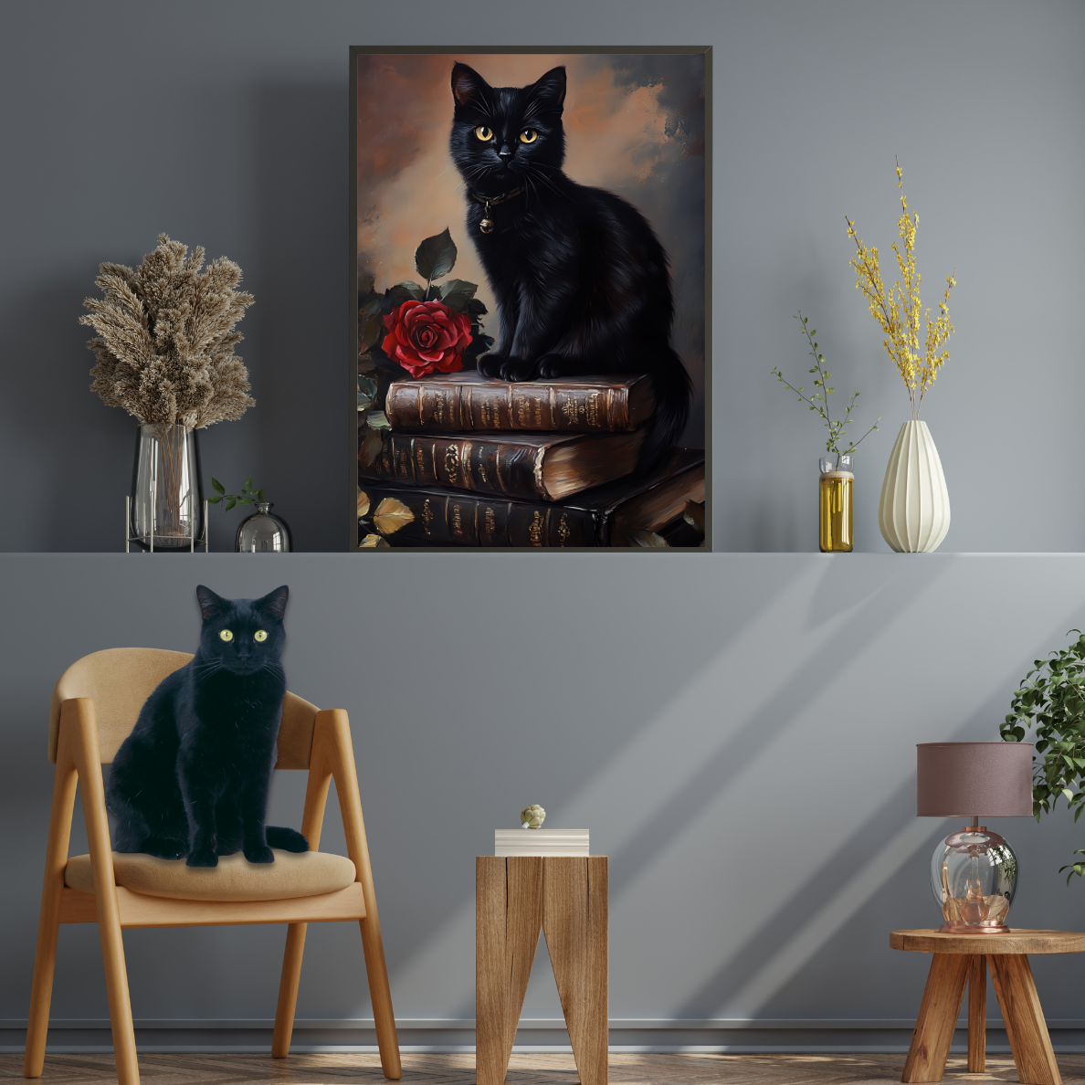 Black Cat Dark Academia Wall Art β Vintage Books and Roses Print β Bookish Cat Lover Painting