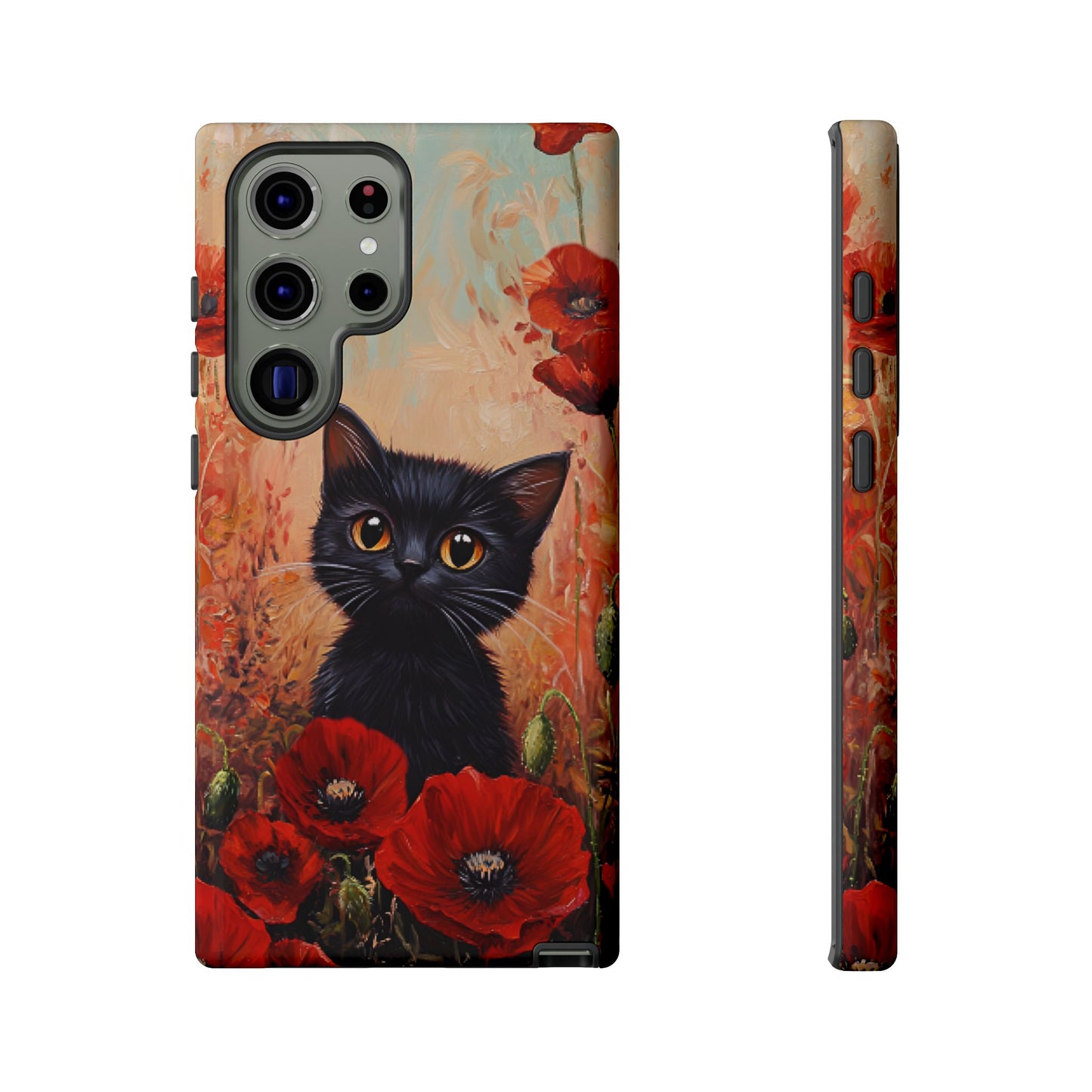 Cute Black Cat in Poppy Flower Field Phone Case - Cat Lover Phone Cases for iPhone 16 15 14 13 12 11, Samsung Galaxy & Google Pixel