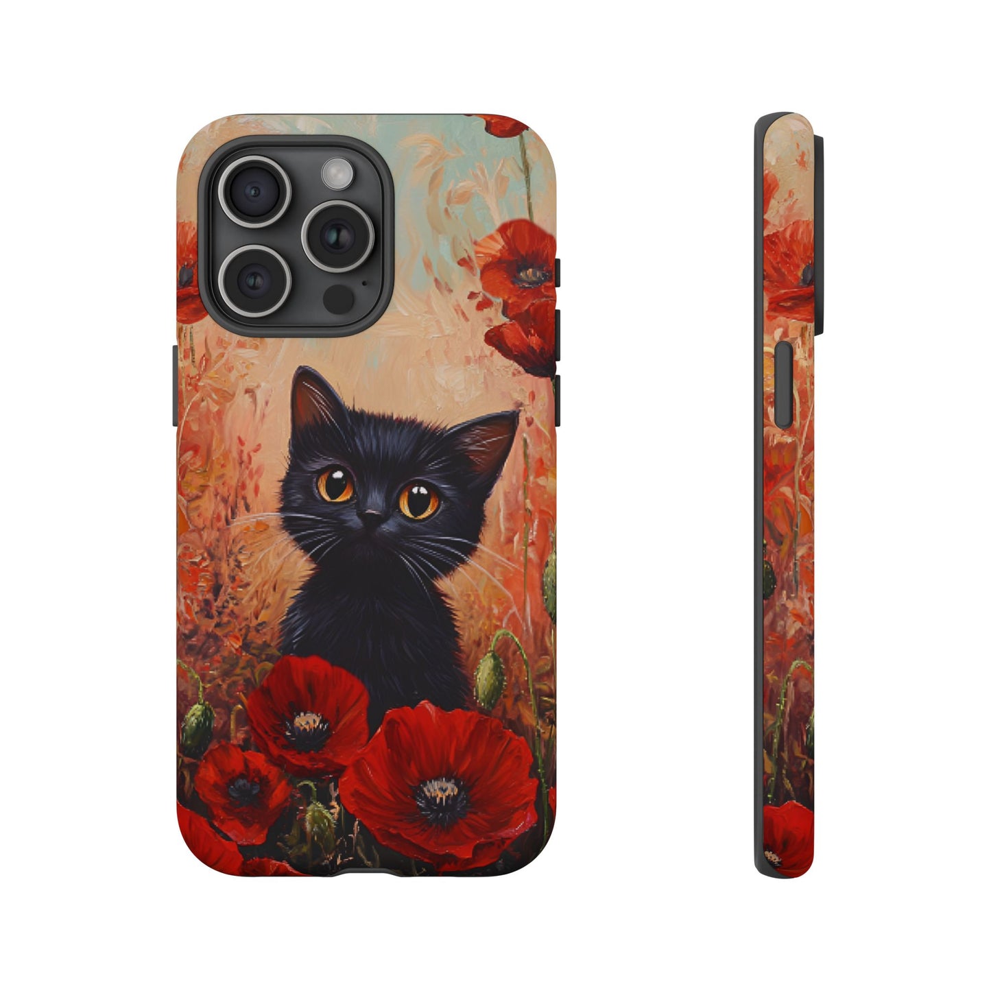 Cute Black Cat in Poppy Flower Field Phone Case - Cat Lover Phone Cases for iPhone 16 15 14 13 12 11, Samsung Galaxy & Google Pixel