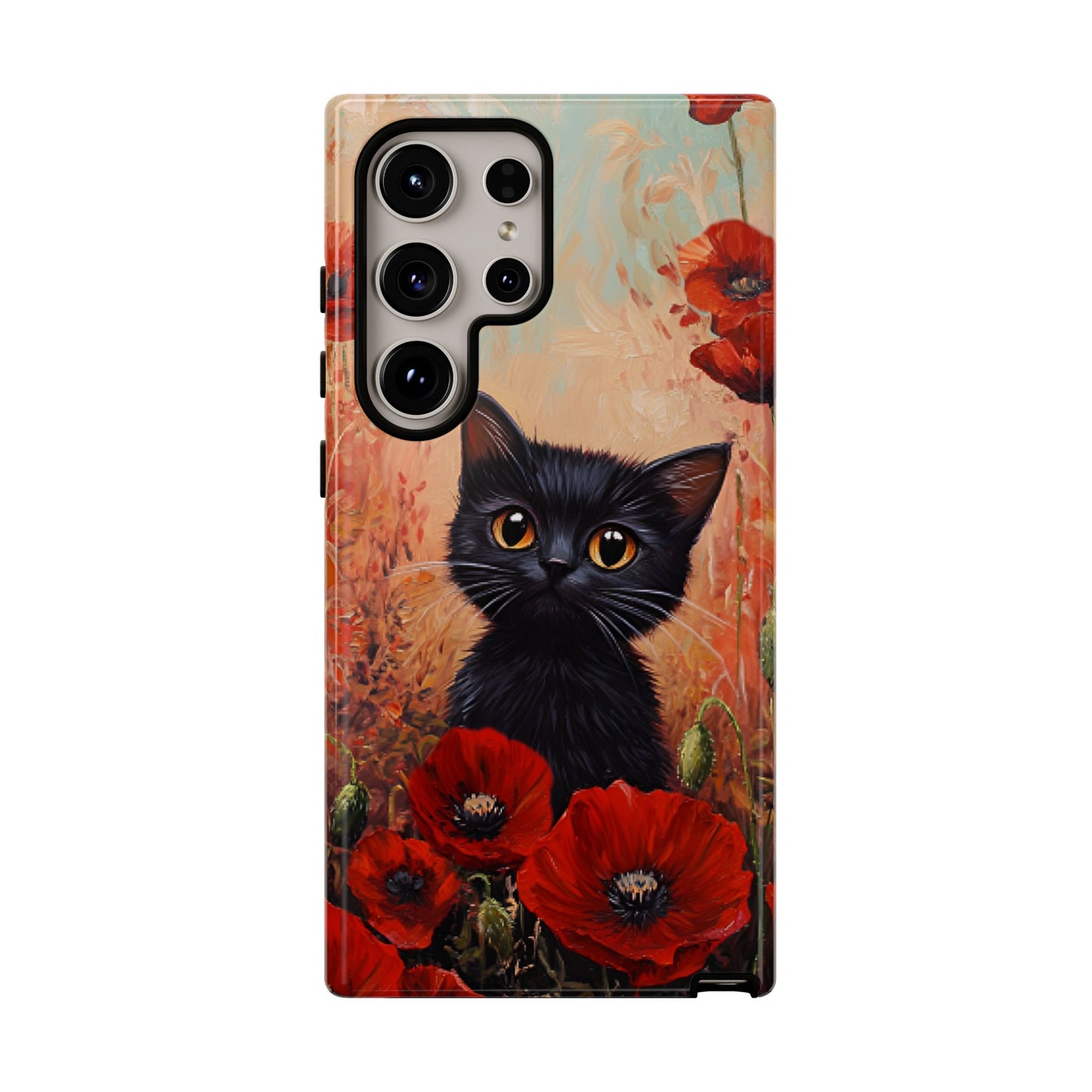 Cute Black Cat in Poppy Flower Field Phone Case - Cat Lover Phone Cases for iPhone 16 15 14 13 12 11, Samsung Galaxy & Google Pixel