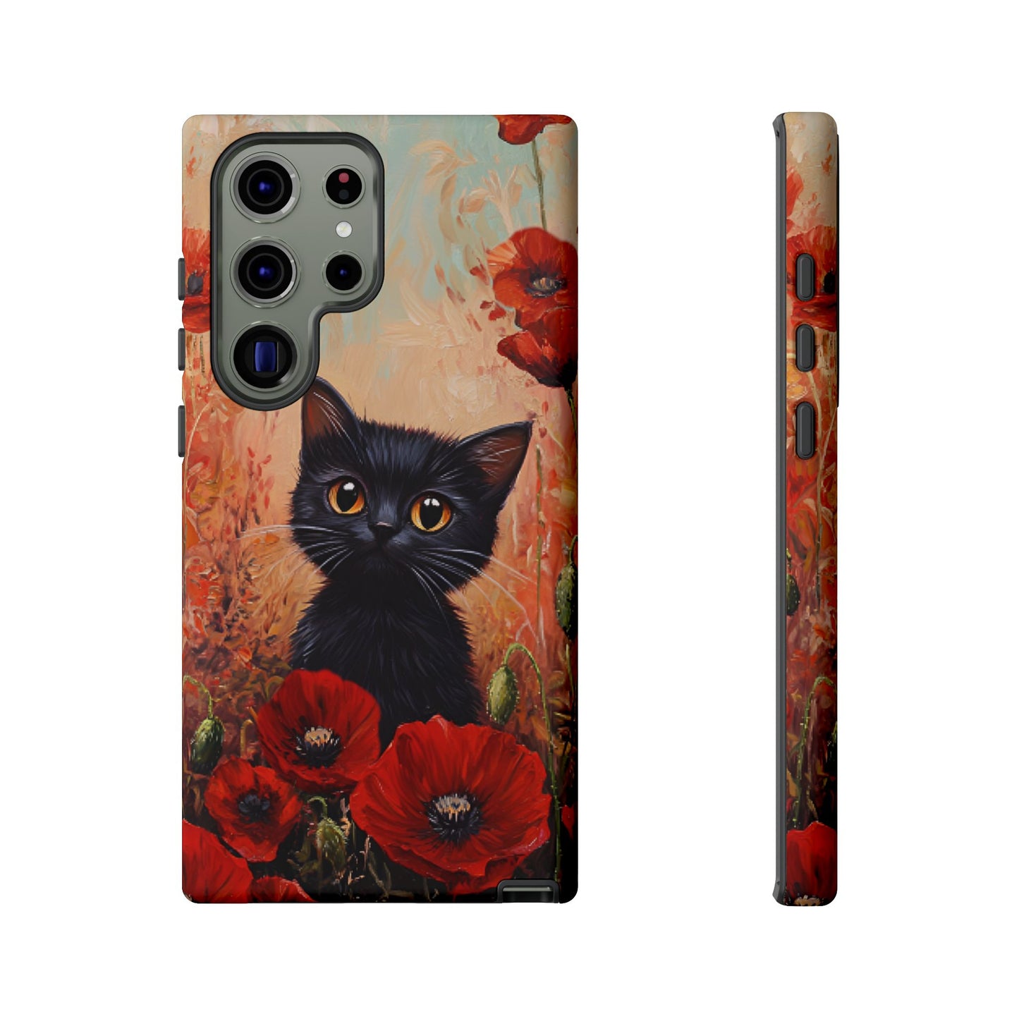Cute Black Cat in Poppy Flower Field Phone Case - Cat Lover Phone Cases for iPhone 16 15 14 13 12 11, Samsung Galaxy & Google Pixel