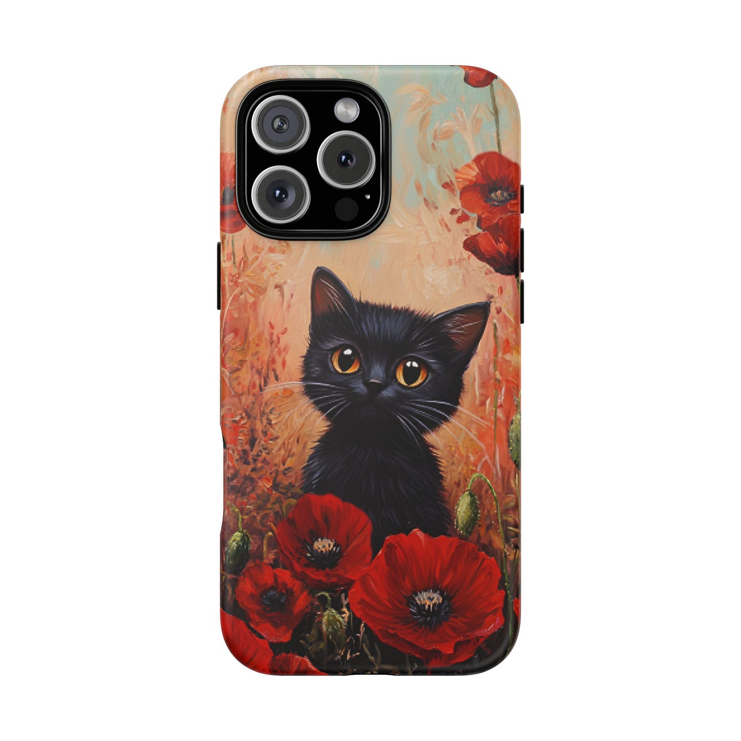 Cute Black Cat in Poppy Flower Field Phone Case - Cat Lover Phone Cases for iPhone 16 15 14 13 12 11, Samsung Galaxy & Google Pixel