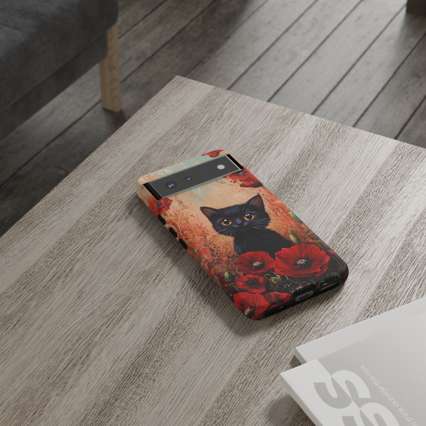 Cute Black Cat in Poppy Flower Field Phone Case - Cat Lover Phone Cases for iPhone 16 15 14 13 12 11, Samsung Galaxy & Google Pixel