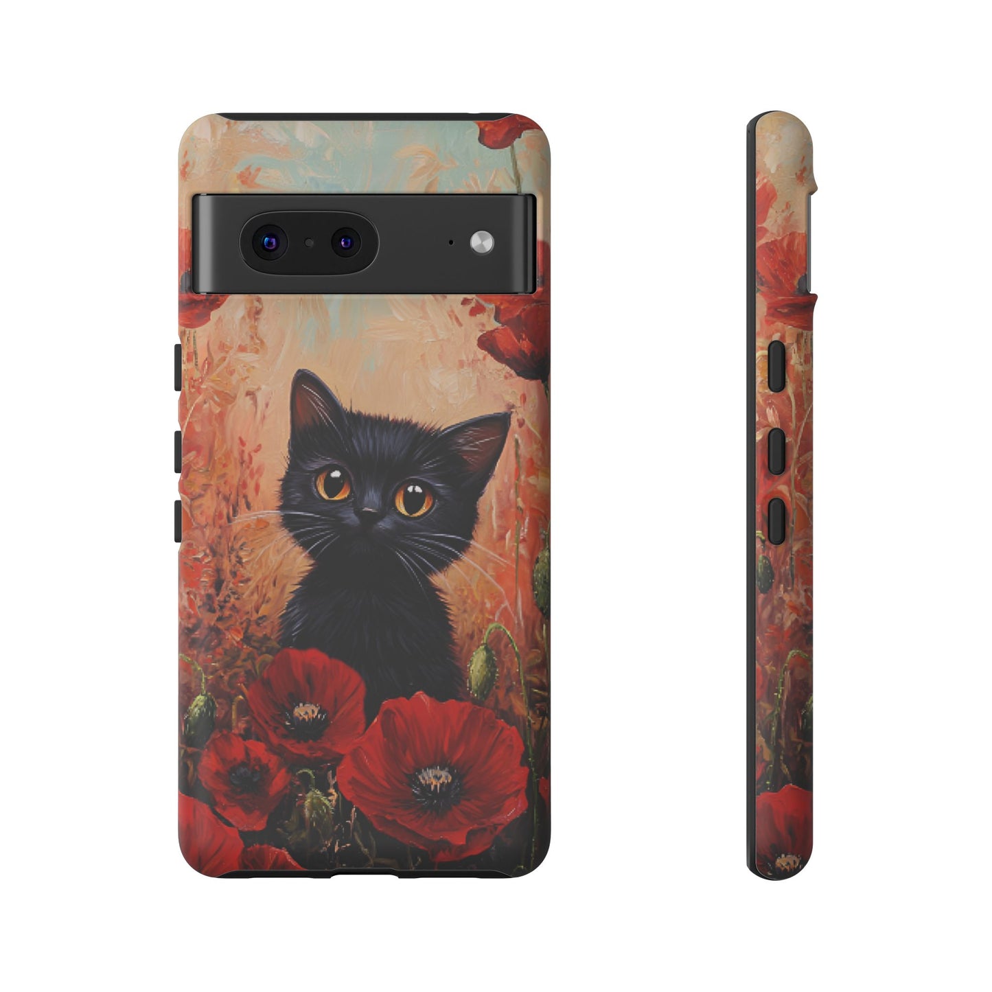 Cute Black Cat in Poppy Flower Field Phone Case - Cat Lover Phone Cases for iPhone 16 15 14 13 12 11, Samsung Galaxy & Google Pixel