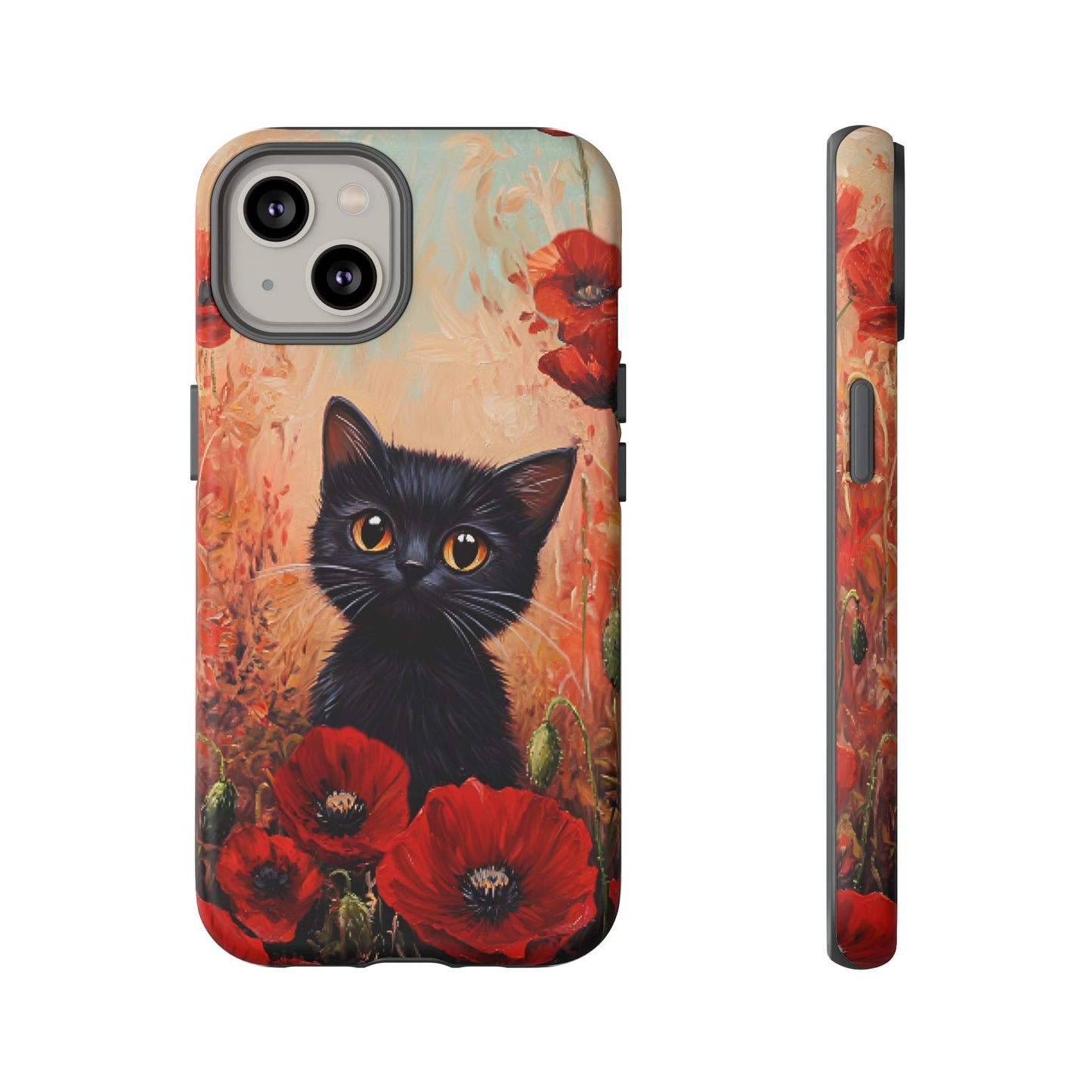 Cute Black Cat in Poppy Flower Field Phone Case - Cat Lover Phone Cases for iPhone 16 15 14 13 12 11, Samsung Galaxy & Google Pixel