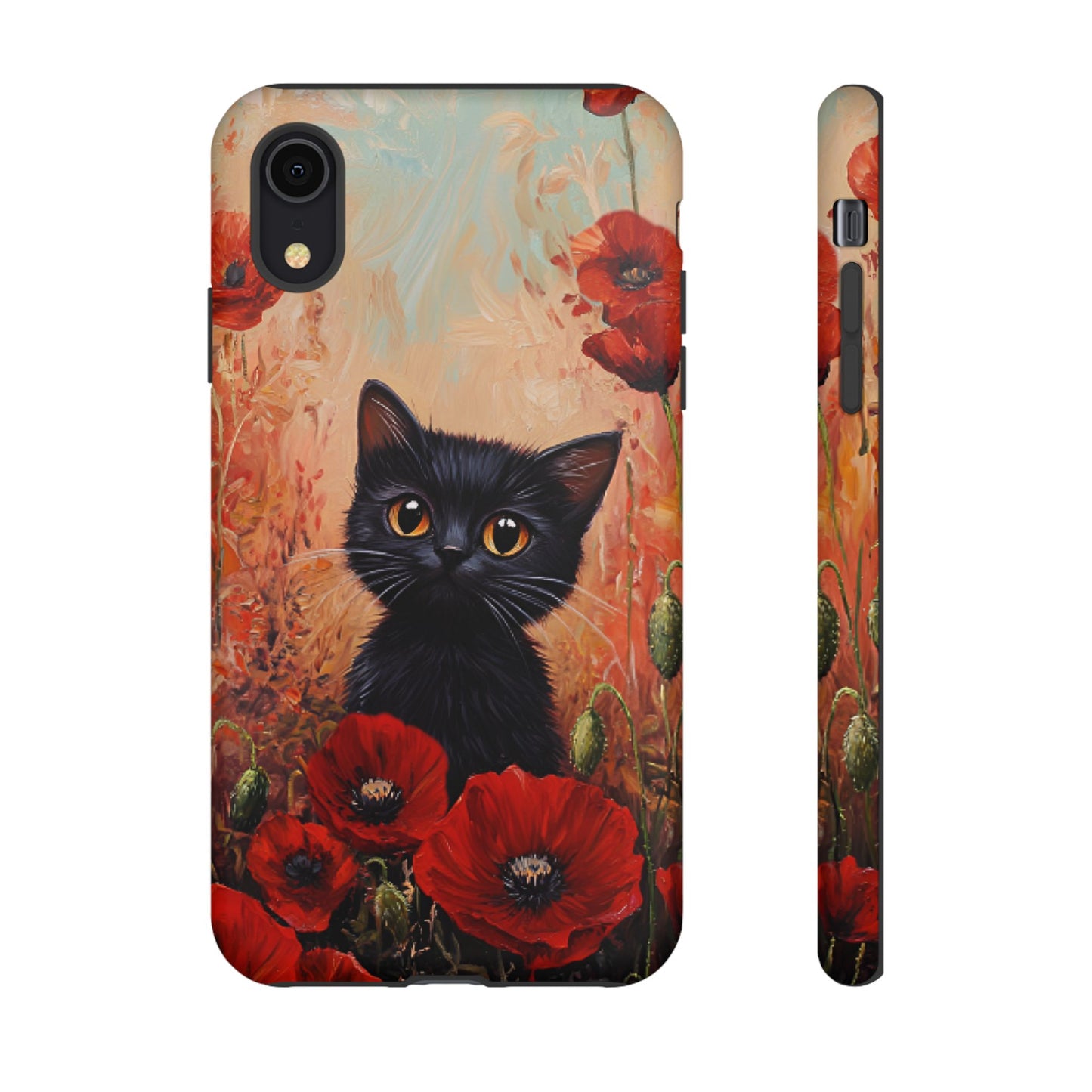 Cute Black Cat in Poppy Flower Field Phone Case - Cat Lover Phone Cases for iPhone 16 15 14 13 12 11, Samsung Galaxy & Google Pixel