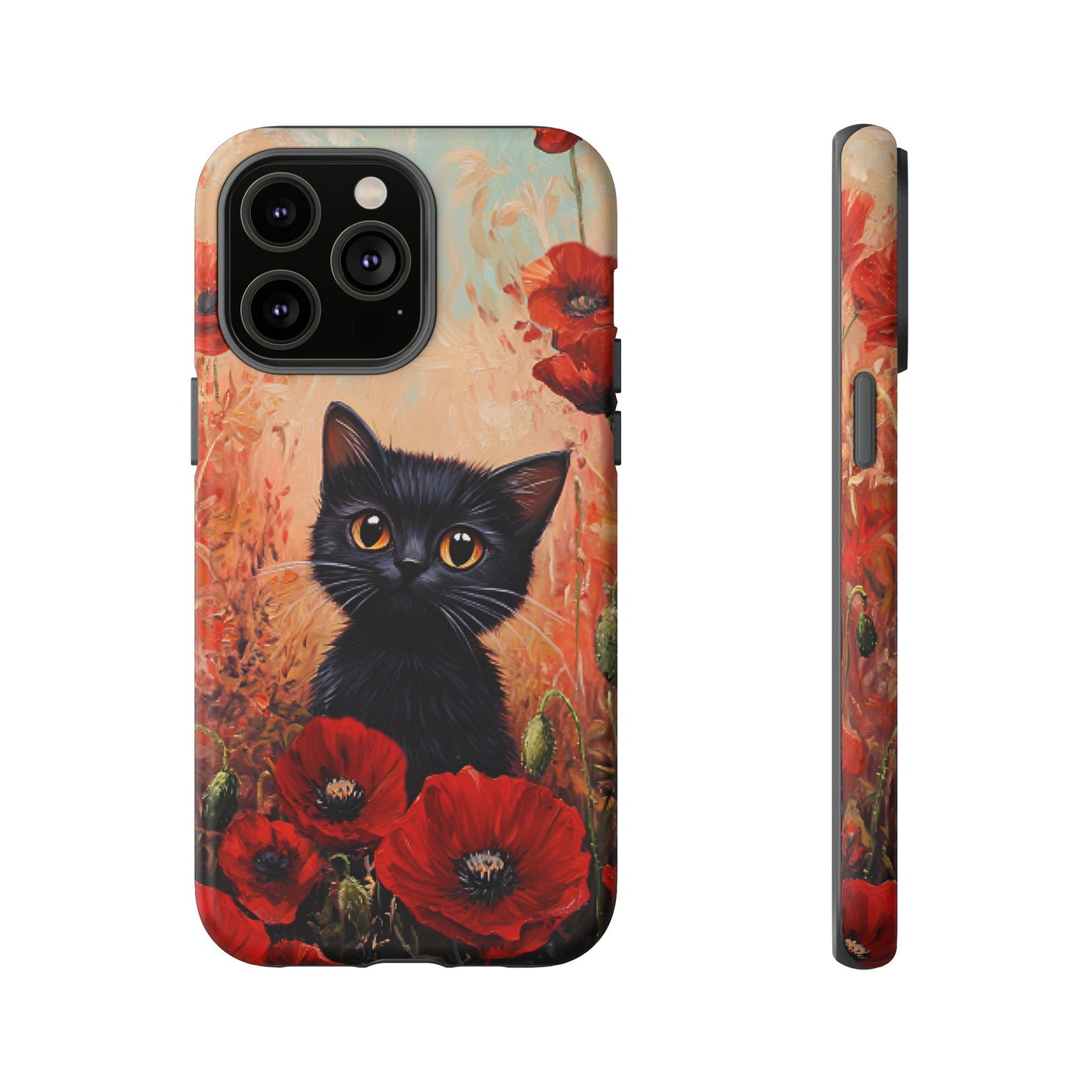Cute Black Cat in Poppy Flower Field Phone Case - Cat Lover Phone Cases for iPhone 16 15 14 13 12 11, Samsung Galaxy & Google Pixel