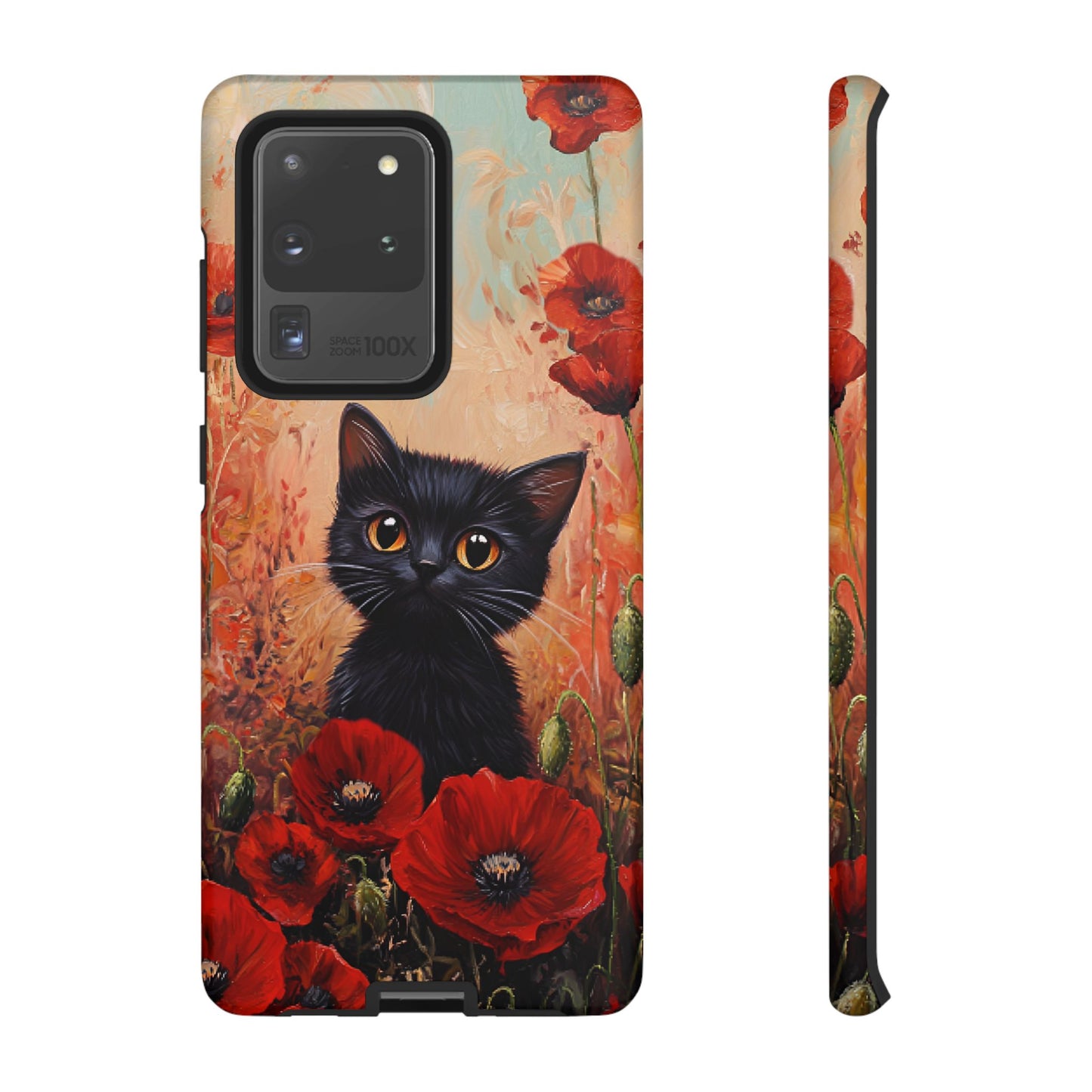 Cute Black Cat in Poppy Flower Field Phone Case - Cat Lover Phone Cases for iPhone 16 15 14 13 12 11, Samsung Galaxy & Google Pixel