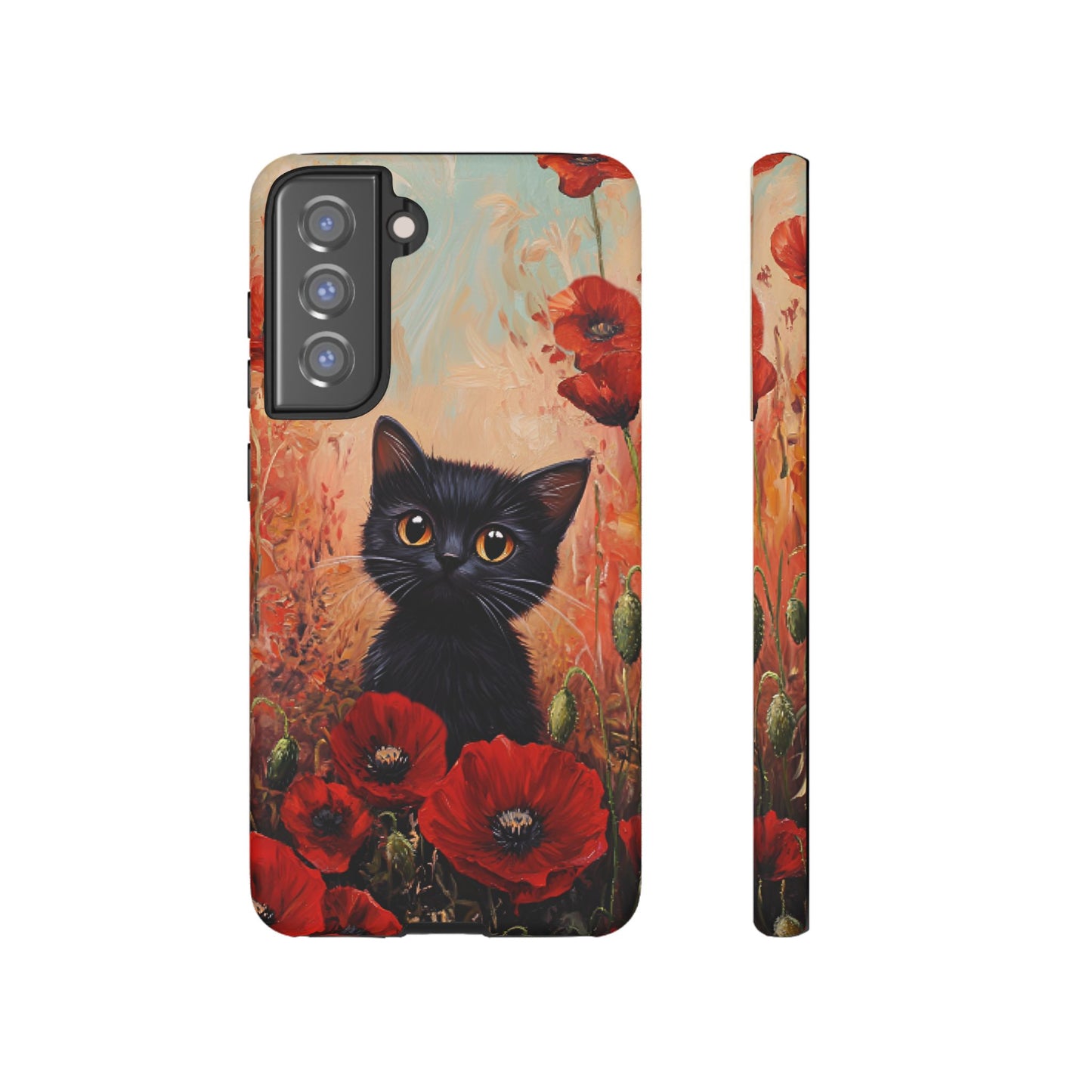 Cute Black Cat in Poppy Flower Field Phone Case - Cat Lover Phone Cases for iPhone 16 15 14 13 12 11, Samsung Galaxy & Google Pixel