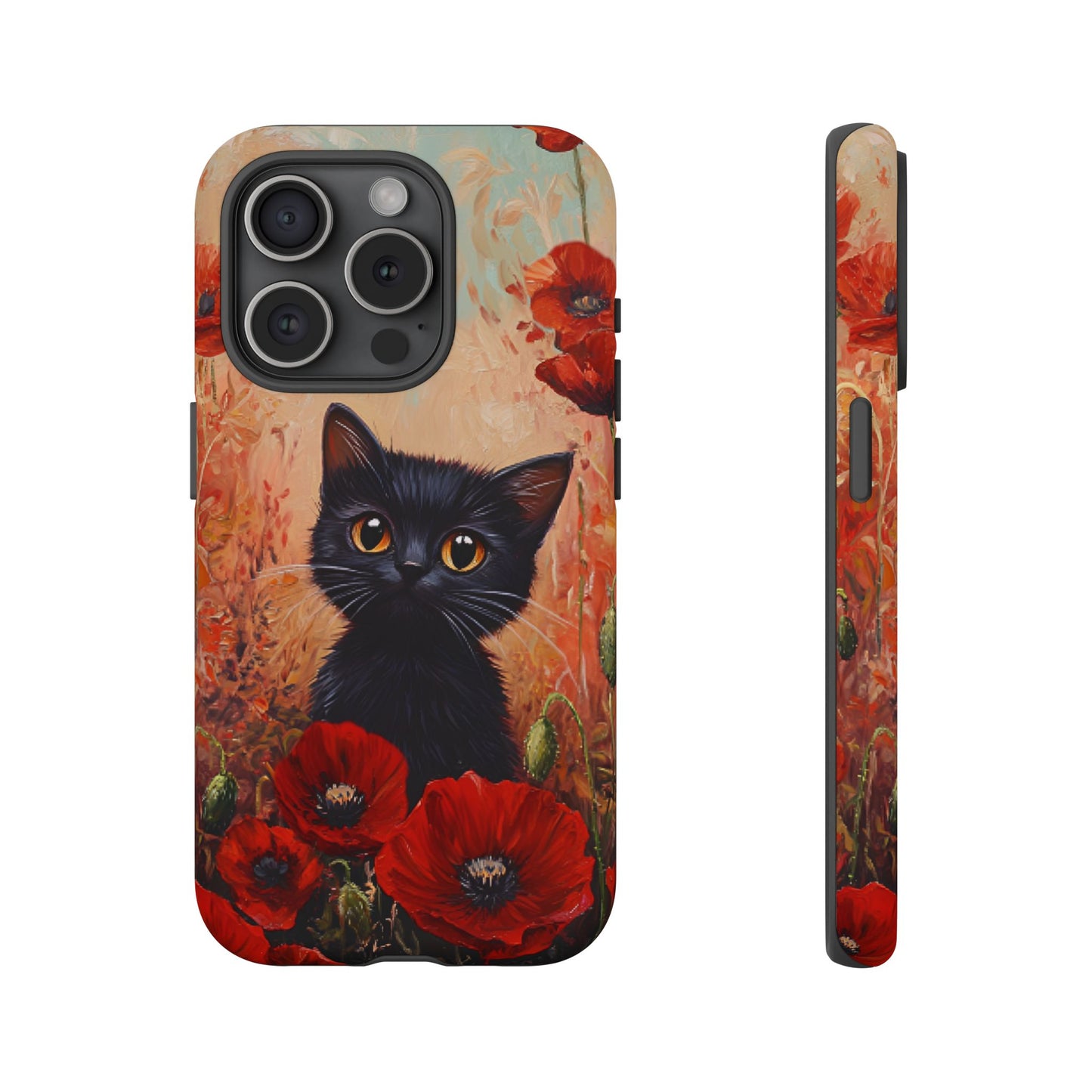 Cute Black Cat in Poppy Flower Field Phone Case - Cat Lover Phone Cases for iPhone 16 15 14 13 12 11, Samsung Galaxy & Google Pixel