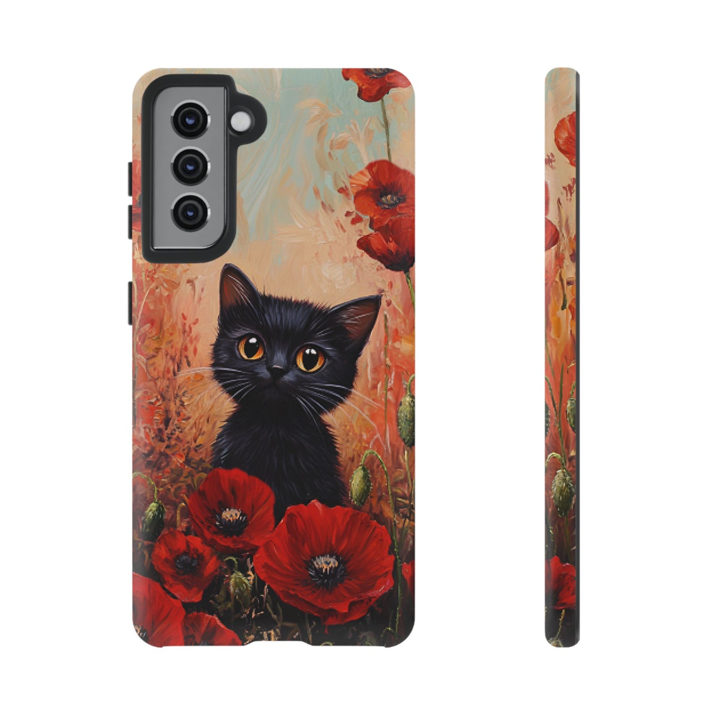 Cute Black Cat in Poppy Flower Field Phone Case - Cat Lover Phone Cases for iPhone 16 15 14 13 12 11, Samsung Galaxy & Google Pixel