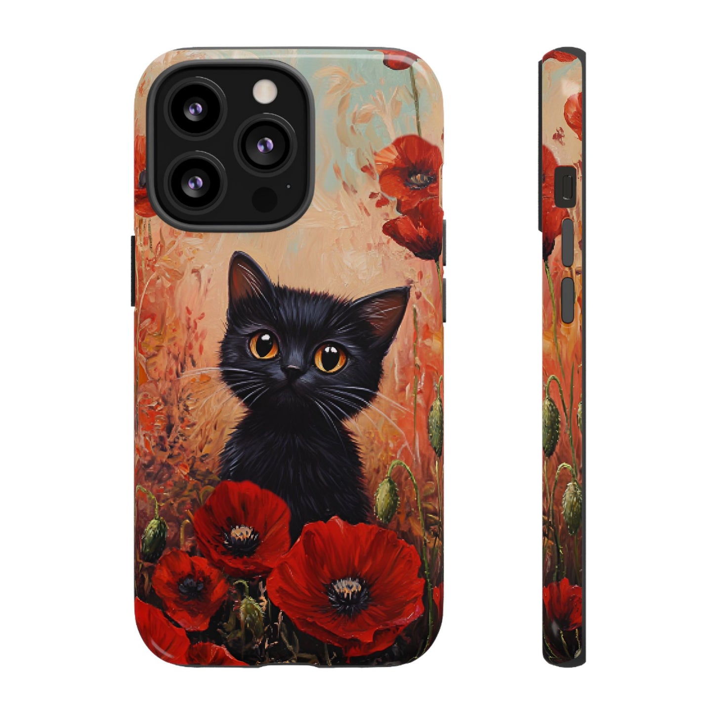 Cute Black Cat in Poppy Flower Field Phone Case - Cat Lover Phone Cases for iPhone 16 15 14 13 12 11, Samsung Galaxy & Google Pixel