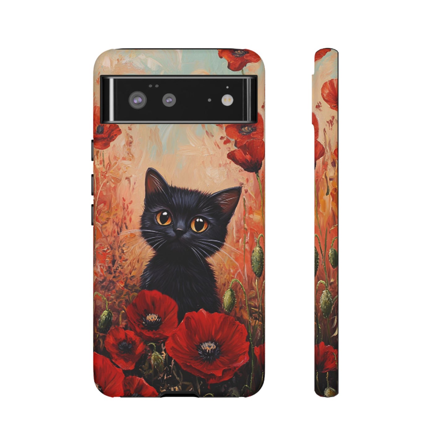 Cute Black Cat in Poppy Flower Field Phone Case - Cat Lover Phone Cases for iPhone 16 15 14 13 12 11, Samsung Galaxy & Google Pixel