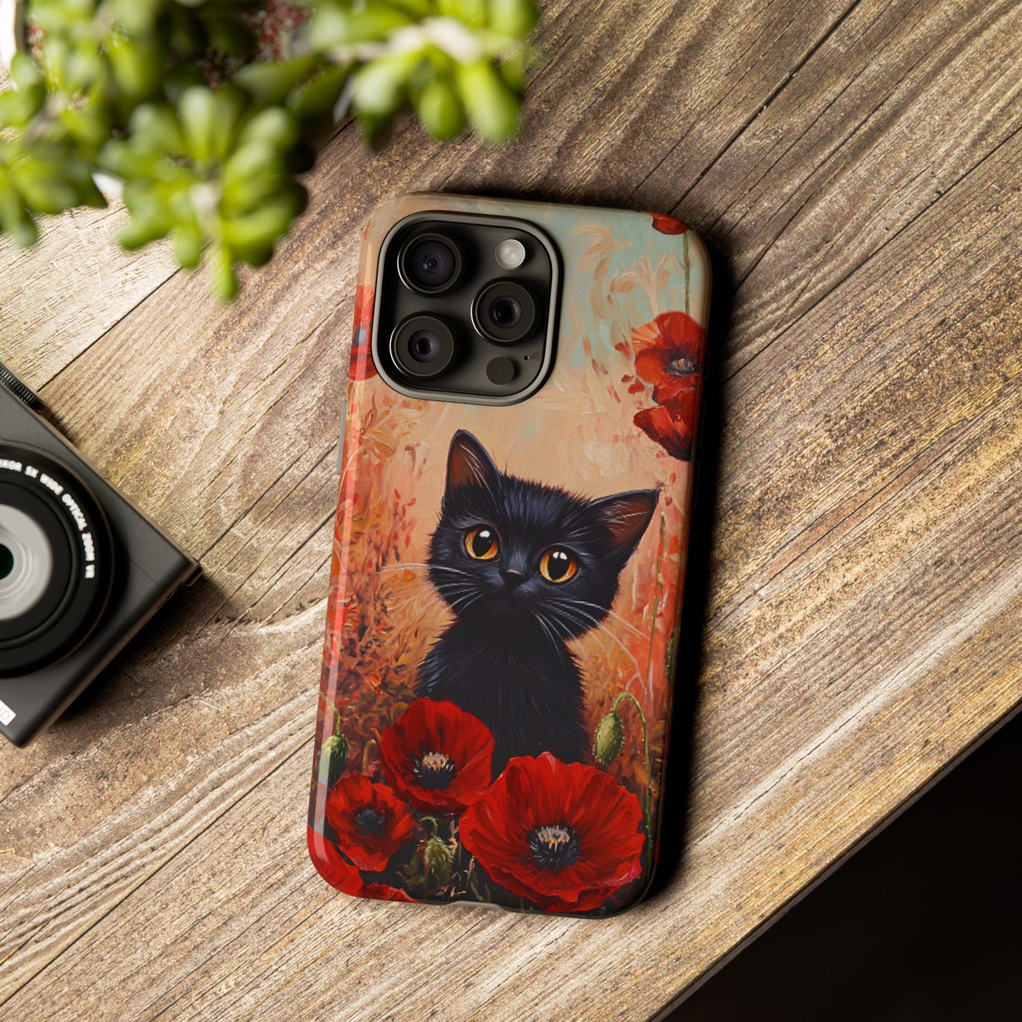 Cute Black Cat in Poppy Flower Field Phone Case - Cat Lover Phone Cases for iPhone 16 15 14 13 12 11, Samsung Galaxy & Google Pixel