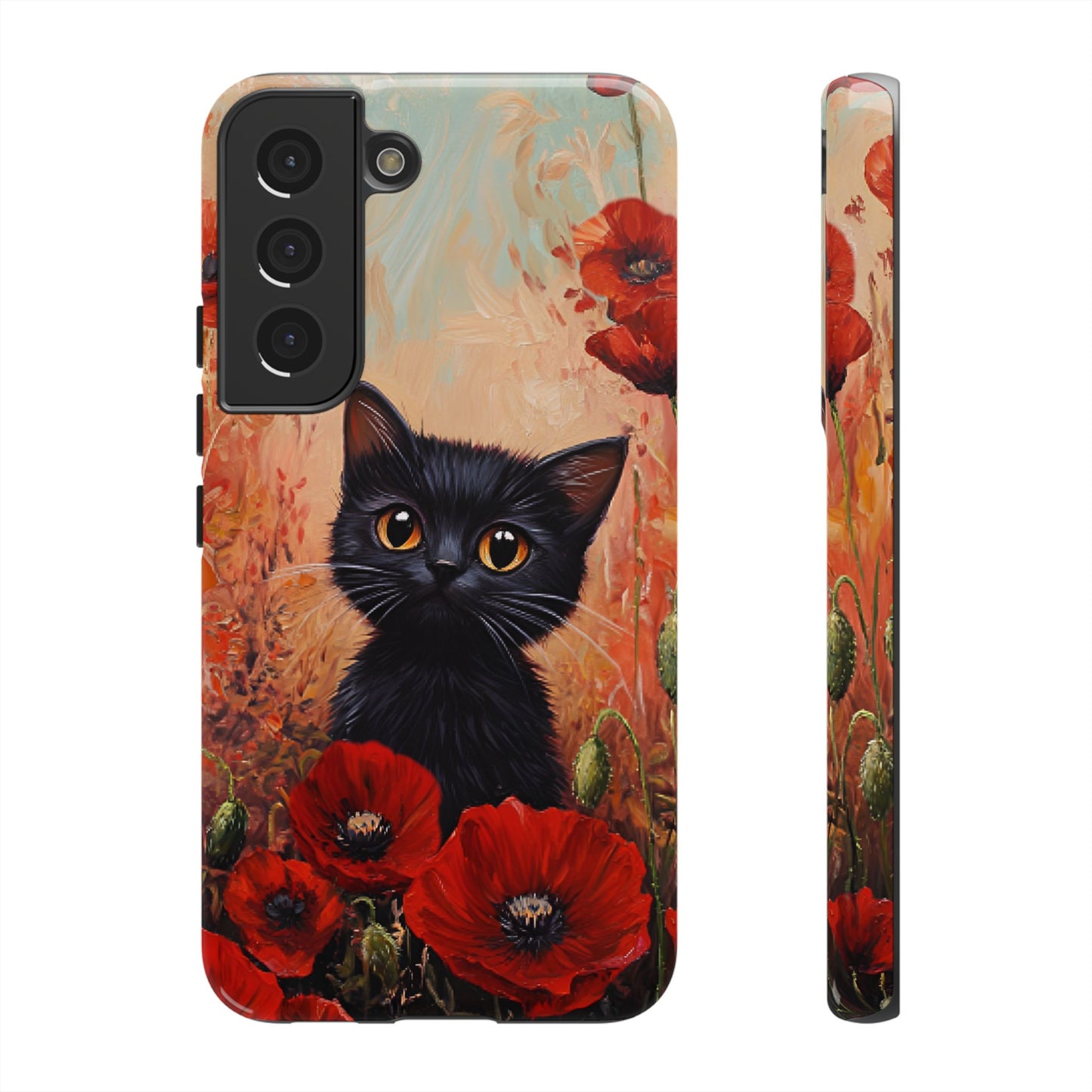 Cute Black Cat in Poppy Flower Field Phone Case - Cat Lover Phone Cases for iPhone 16 15 14 13 12 11, Samsung Galaxy & Google Pixel