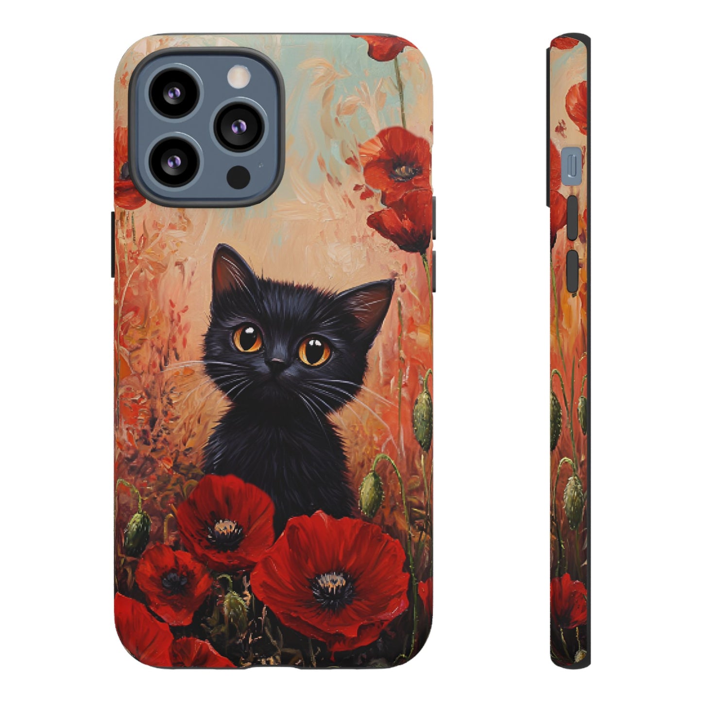 Cute Black Cat in Poppy Flower Field Phone Case - Cat Lover Phone Cases for iPhone 16 15 14 13 12 11, Samsung Galaxy & Google Pixel