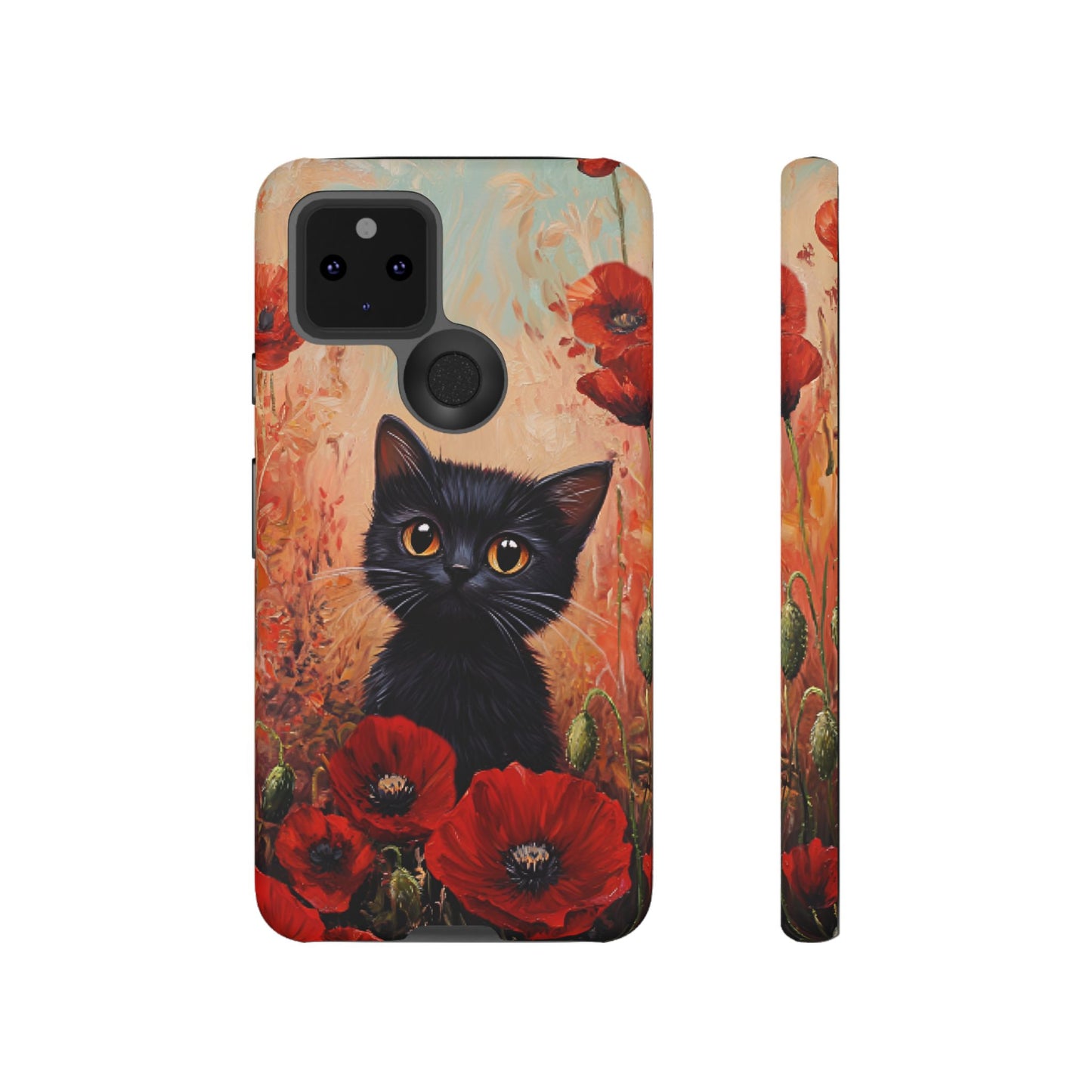 Cute Black Cat in Poppy Flower Field Phone Case - Cat Lover Phone Cases for iPhone 16 15 14 13 12 11, Samsung Galaxy & Google Pixel