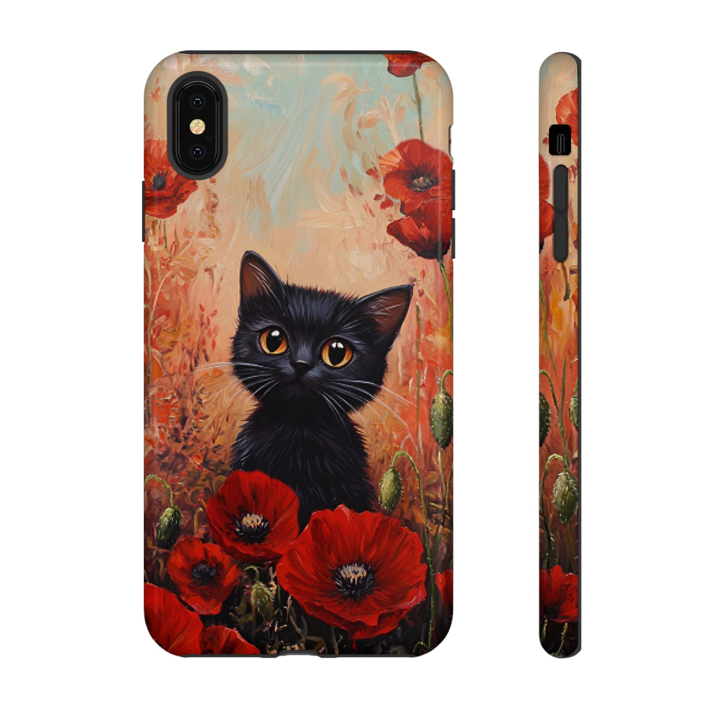 Cute Black Cat in Poppy Flower Field Phone Case - Cat Lover Phone Cases for iPhone 16 15 14 13 12 11, Samsung Galaxy & Google Pixel