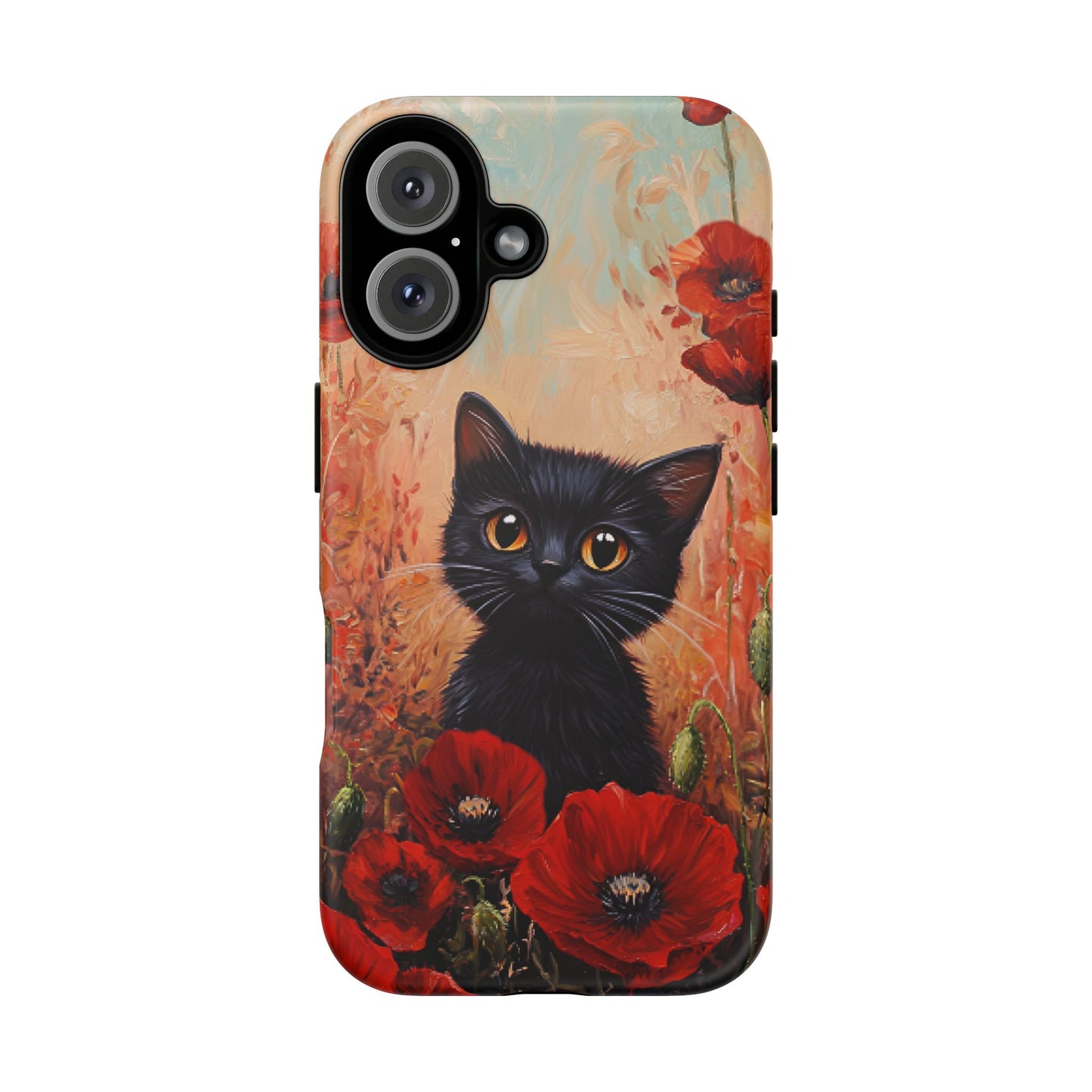 Cute Black Cat in Poppy Flower Field Phone Case - Cat Lover Phone Cases for iPhone 16 15 14 13 12 11, Samsung Galaxy & Google Pixel
