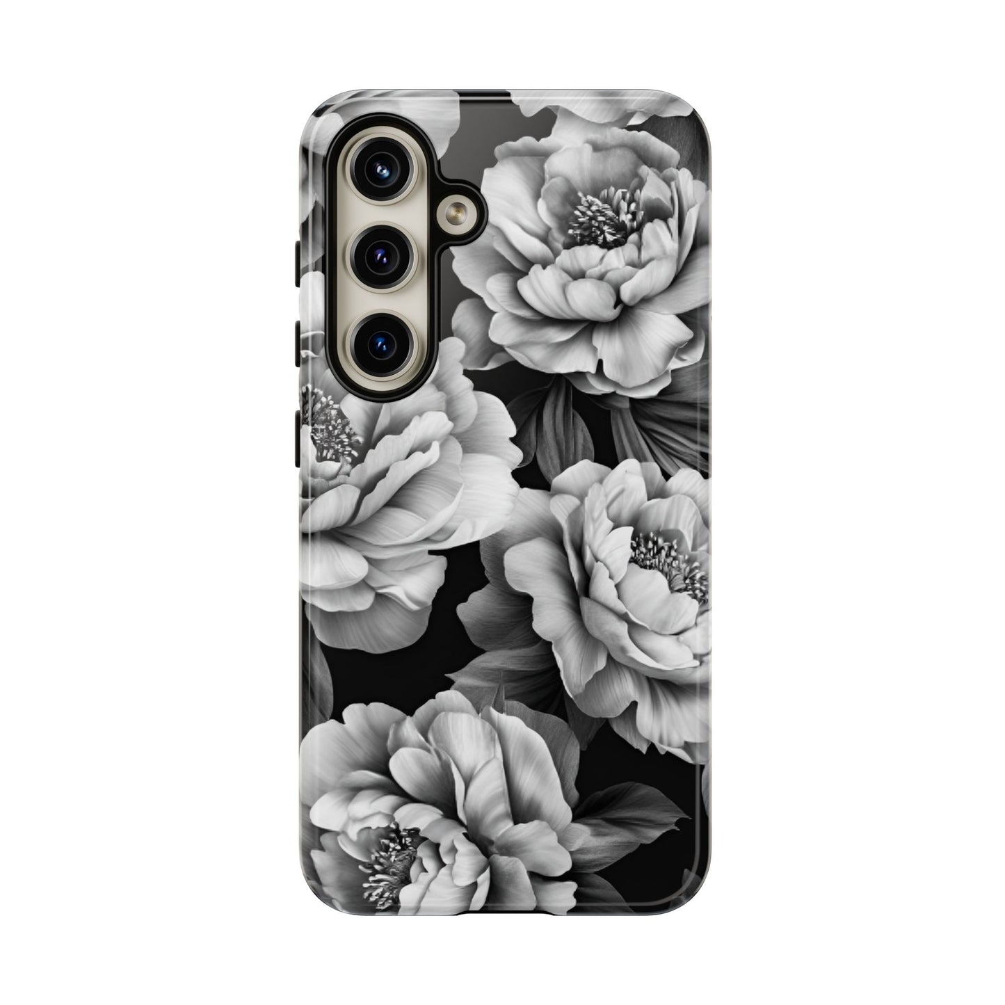 Black and White Peony Flower Phone Case - Aesthetic Dark Floral Phone Cases for iPhone 16 15 14 13 12 11, Samsung Galaxy & Google Pixel