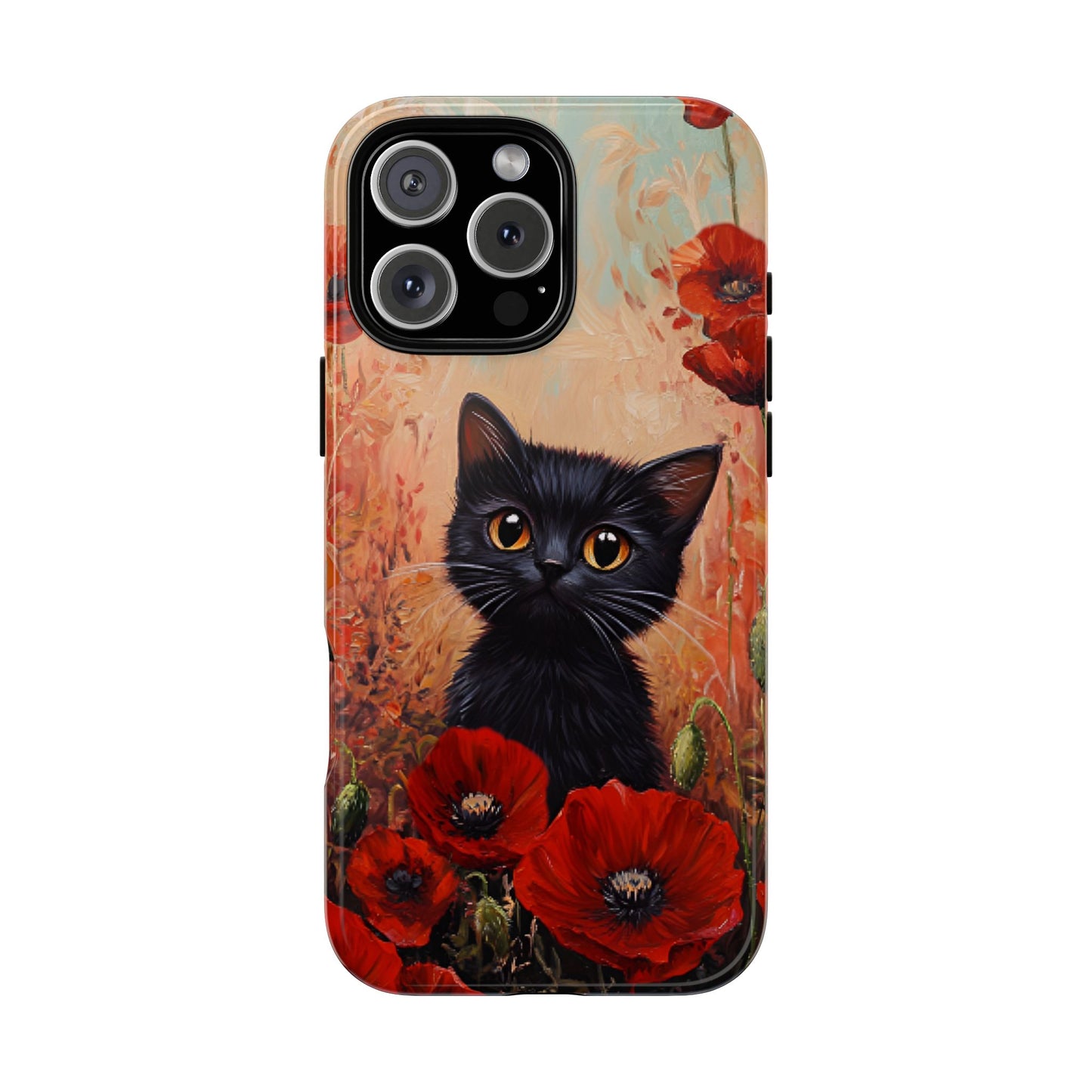 Cute Black Cat in Poppy Flower Field Phone Case - Cat Lover Phone Cases for iPhone 16 15 14 13 12 11, Samsung Galaxy & Google Pixel