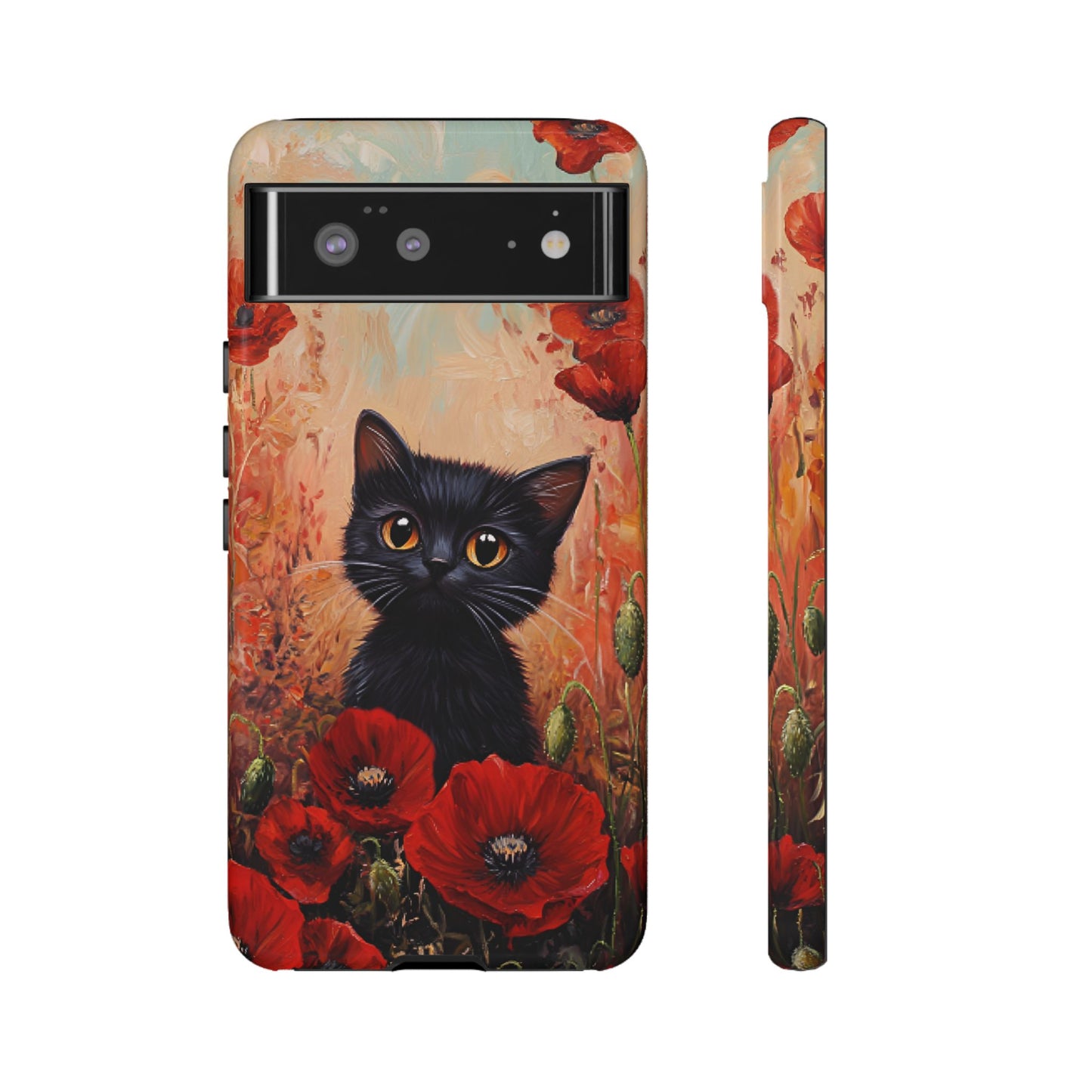 Cute Black Cat in Poppy Flower Field Phone Case - Cat Lover Phone Cases for iPhone 16 15 14 13 12 11, Samsung Galaxy & Google Pixel