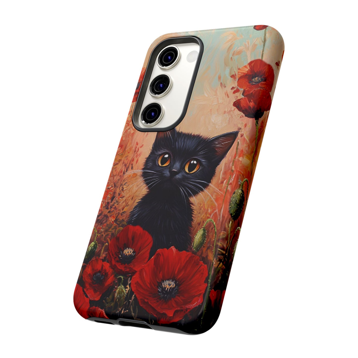 Cute Black Cat in Poppy Flower Field Phone Case - Cat Lover Phone Cases for iPhone 16 15 14 13 12 11, Samsung Galaxy & Google Pixel