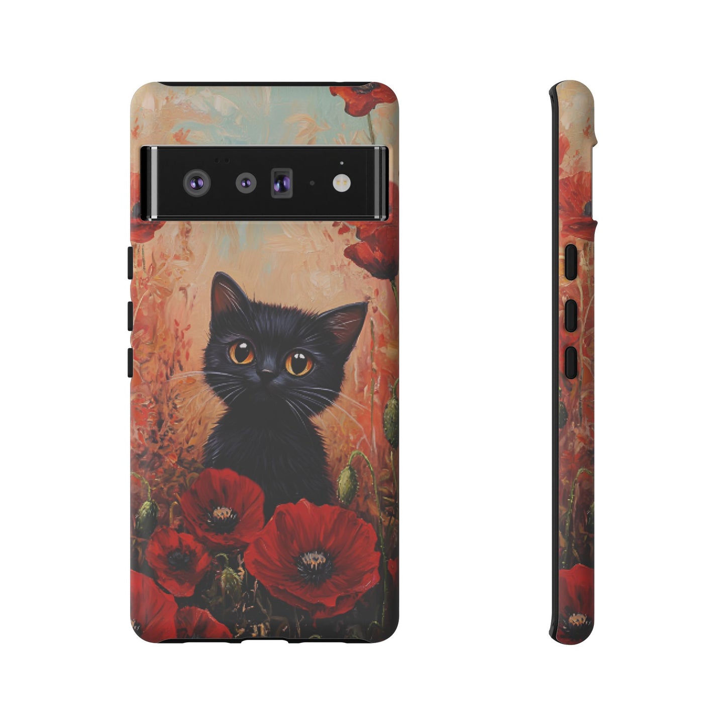 Cute Black Cat in Poppy Flower Field Phone Case - Cat Lover Phone Cases for iPhone 16 15 14 13 12 11, Samsung Galaxy & Google Pixel