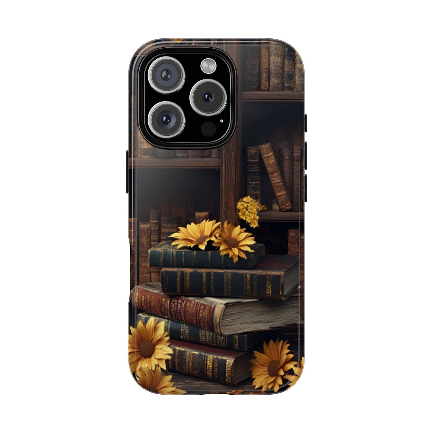 Vintage Books and Sunflowers Phone Case - Dark Academia Library Phone Cases for iPhone 16 15 14 13 12 11, Samsung Galaxy & Google Pixel