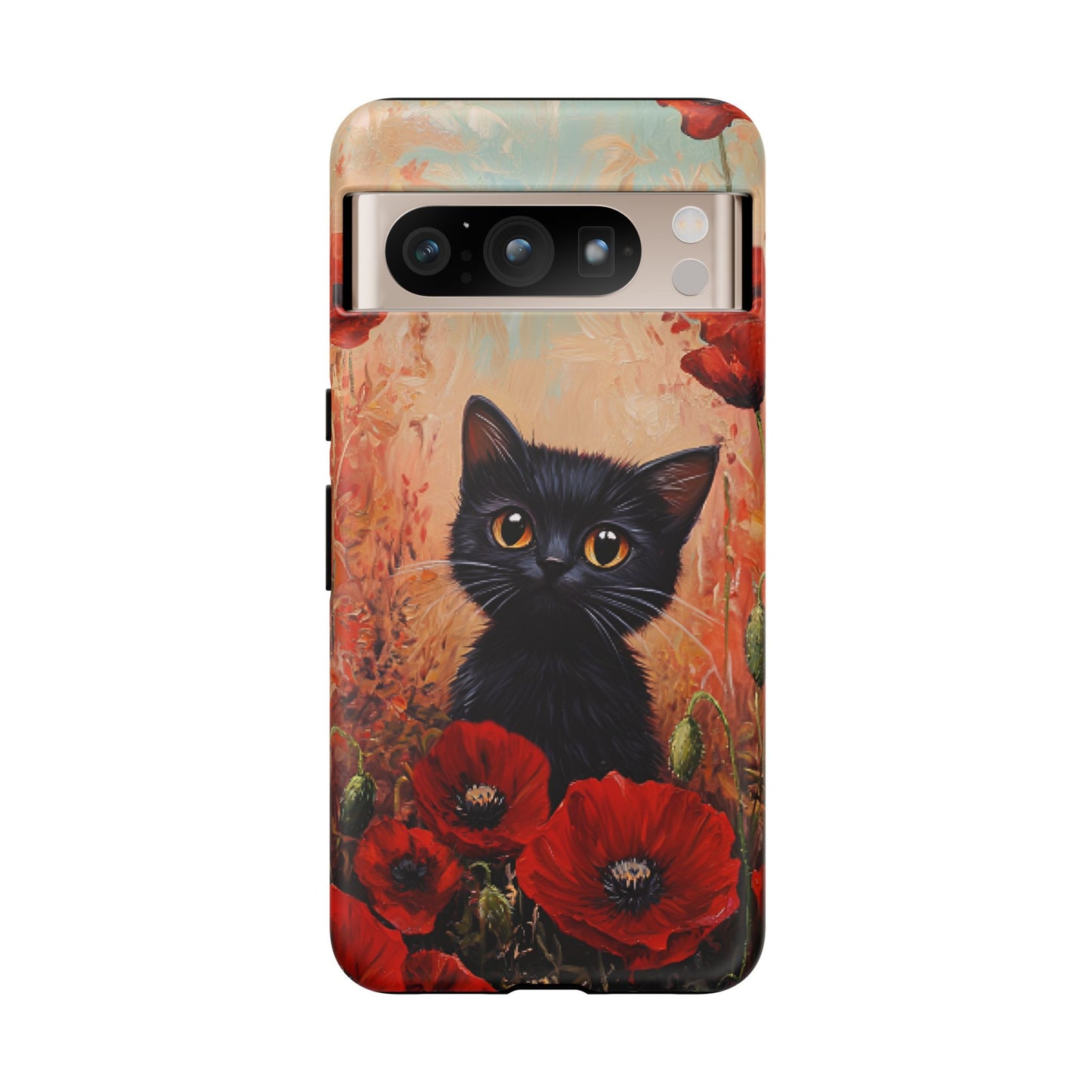 Cute Black Cat in Poppy Flower Field Phone Case - Cat Lover Phone Cases for iPhone 16 15 14 13 12 11, Samsung Galaxy & Google Pixel