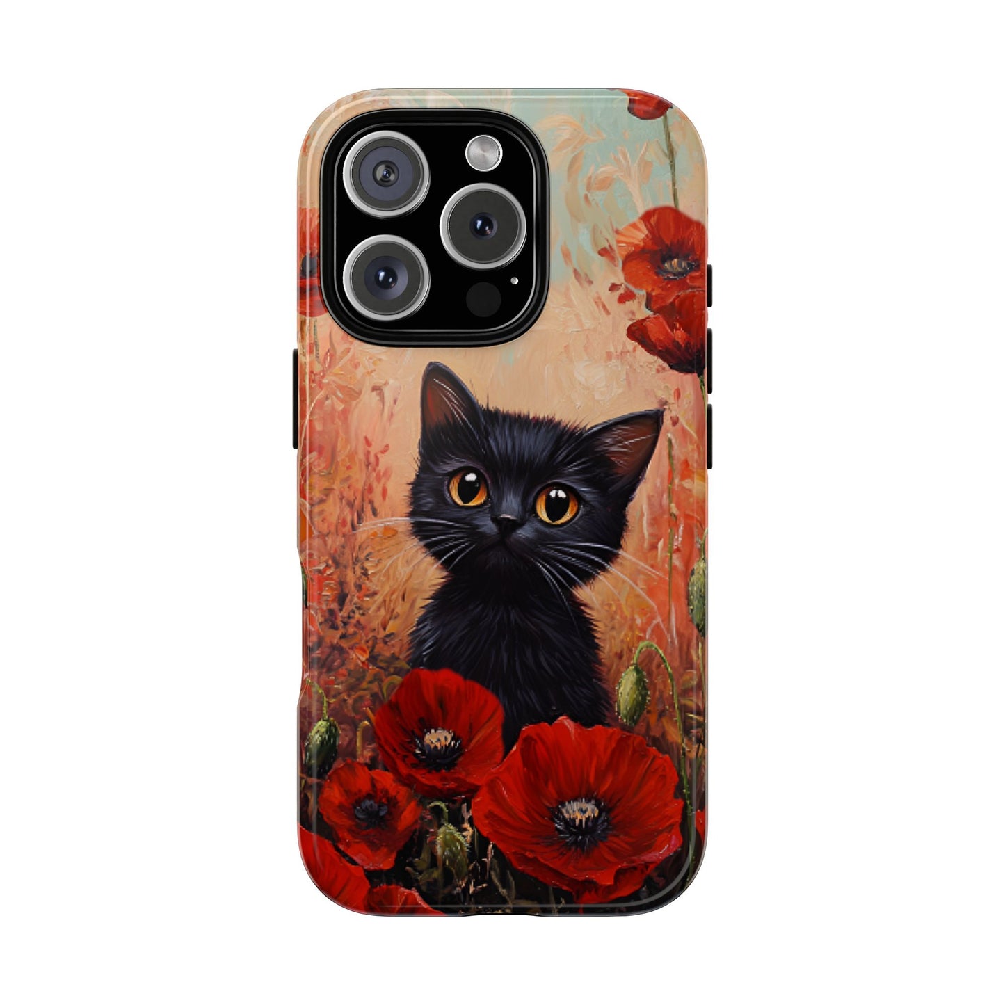 Cute Black Cat in Poppy Flower Field Phone Case - Cat Lover Phone Cases for iPhone 16 15 14 13 12 11, Samsung Galaxy & Google Pixel
