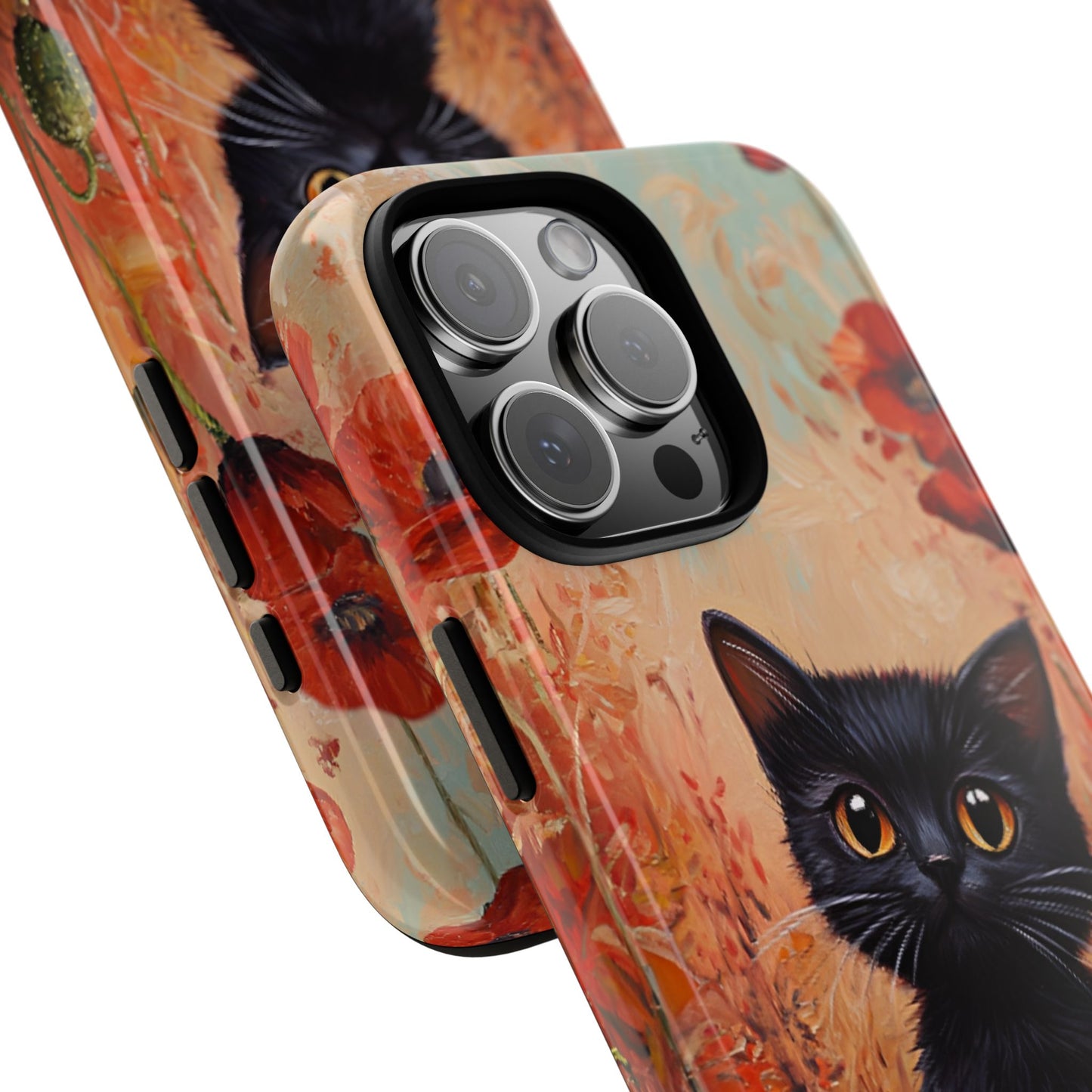 Cute Black Cat in Poppy Flower Field Phone Case - Cat Lover Phone Cases for iPhone 16 15 14 13 12 11, Samsung Galaxy & Google Pixel