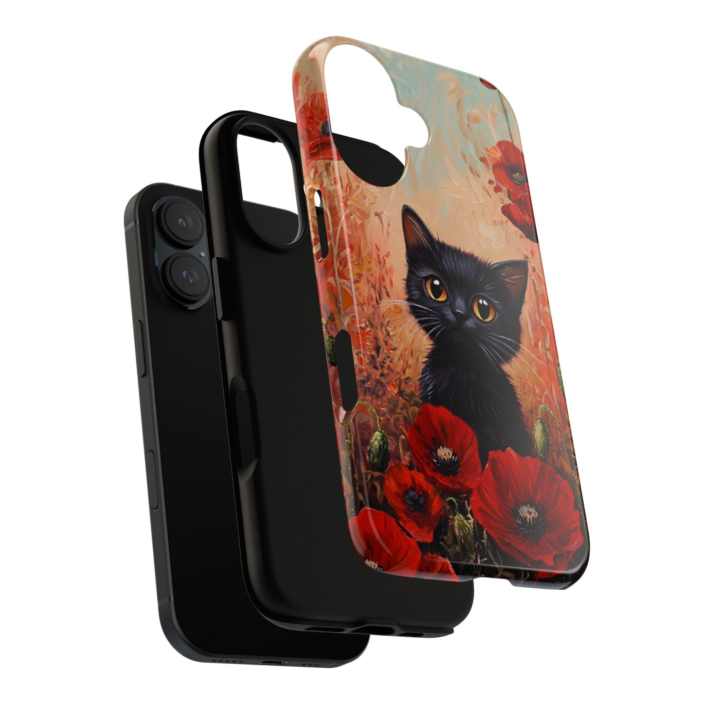 Cute Black Cat in Poppy Flower Field Phone Case - Cat Lover Phone Cases for iPhone 16 15 14 13 12 11, Samsung Galaxy & Google Pixel