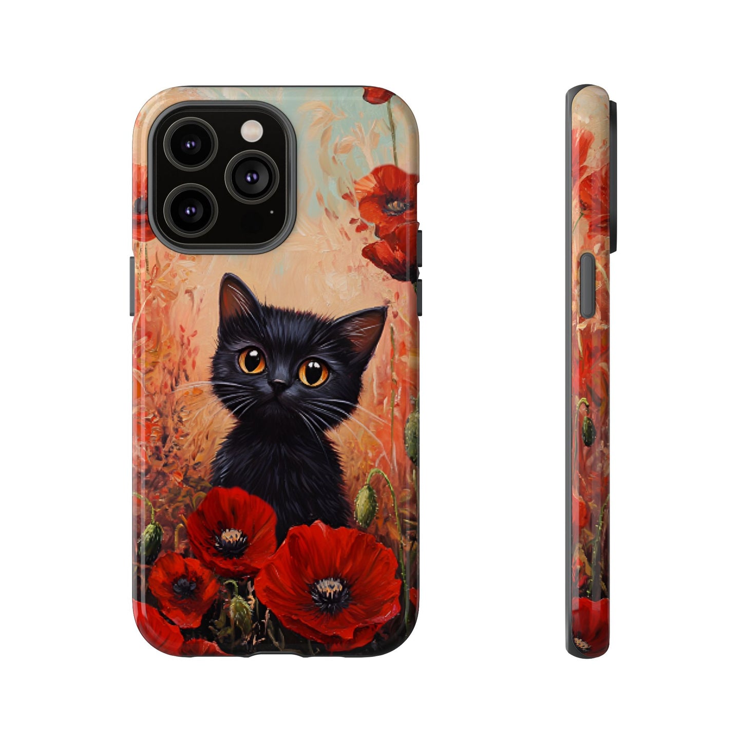 Cute Black Cat in Poppy Flower Field Phone Case - Cat Lover Phone Cases for iPhone 16 15 14 13 12 11, Samsung Galaxy & Google Pixel