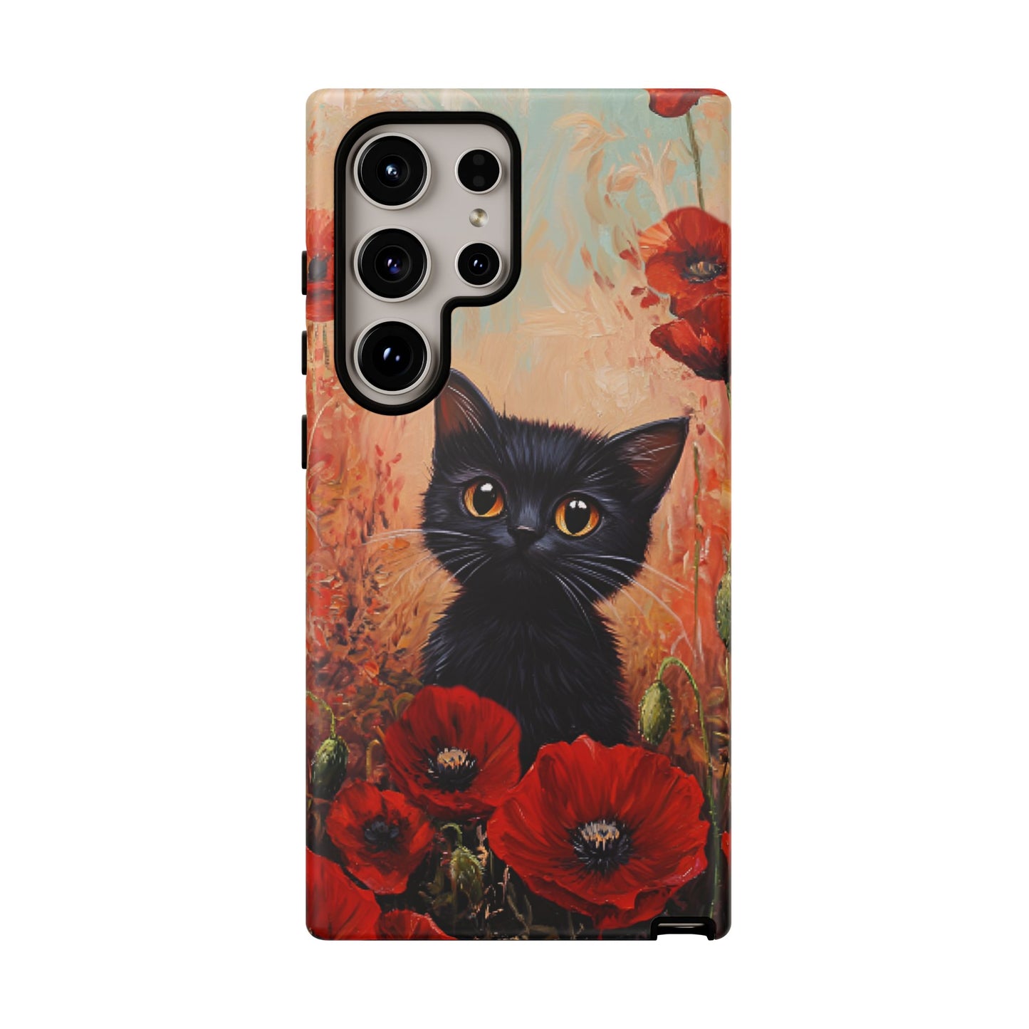 Cute Black Cat in Poppy Flower Field Phone Case - Cat Lover Phone Cases for iPhone 16 15 14 13 12 11, Samsung Galaxy & Google Pixel