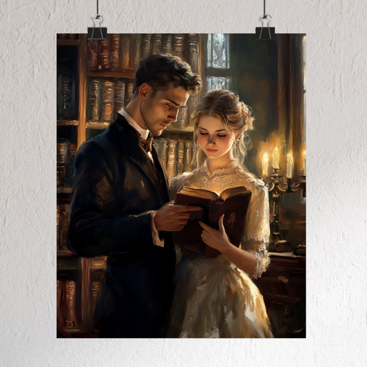 Vintage Victorian Couple Reading Wall Art, Dark Academia Decor, Moody Library Poster, Book Lover Painting, Bookish Romance Print