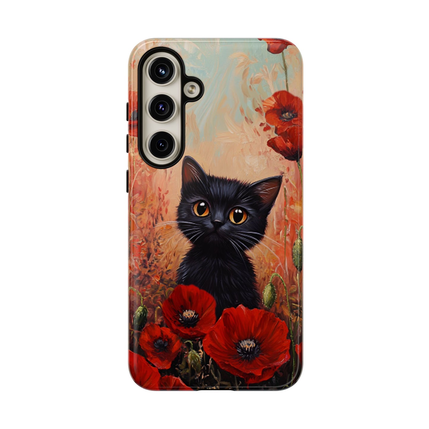 Cute Black Cat in Poppy Flower Field Phone Case - Cat Lover Phone Cases for iPhone 16 15 14 13 12 11, Samsung Galaxy & Google Pixel