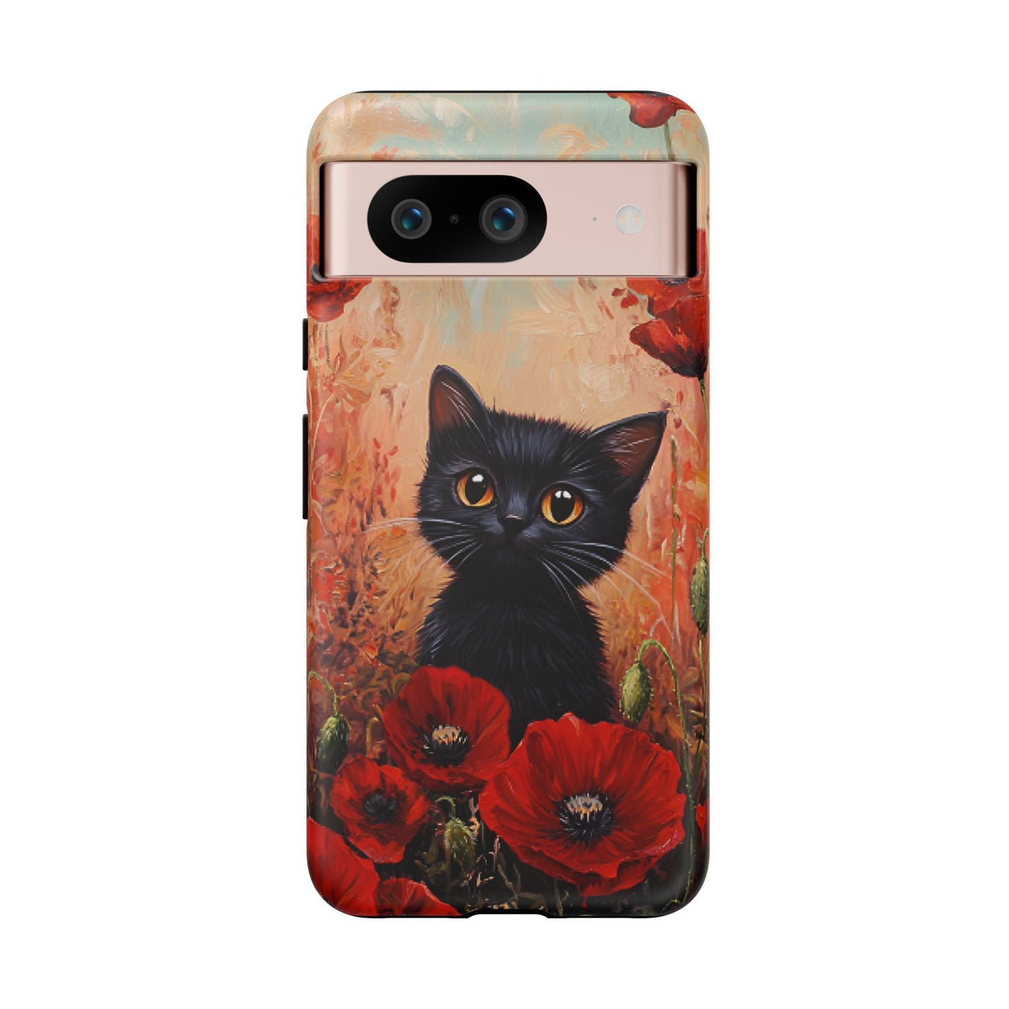 Cute Black Cat in Poppy Flower Field Phone Case - Cat Lover Phone Cases for iPhone 16 15 14 13 12 11, Samsung Galaxy & Google Pixel