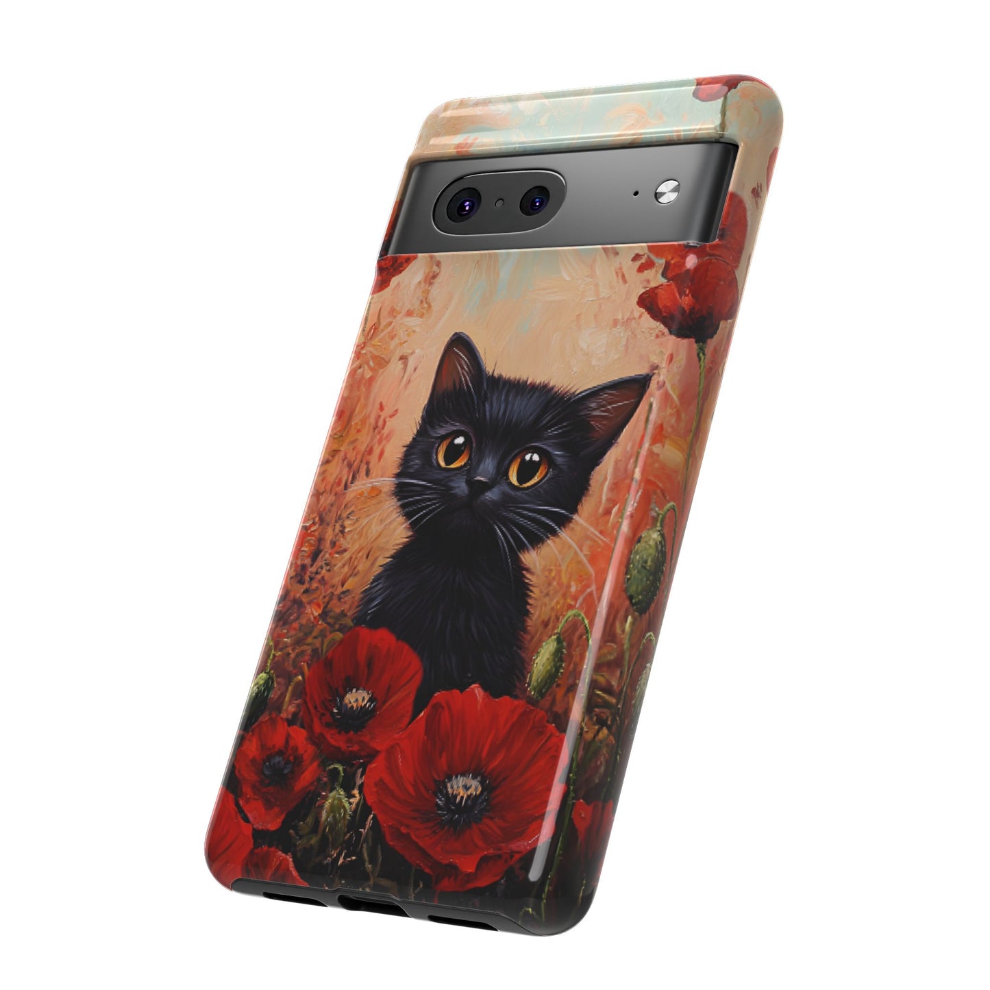 Cute Black Cat in Poppy Flower Field Phone Case - Cat Lover Phone Cases for iPhone 16 15 14 13 12 11, Samsung Galaxy & Google Pixel
