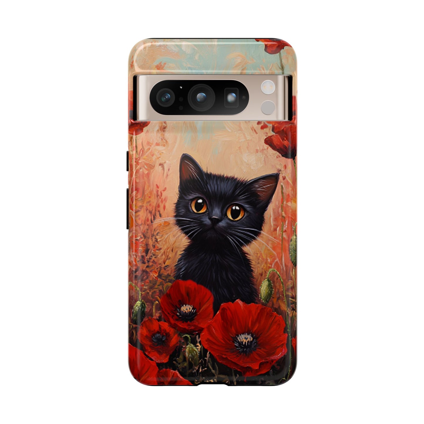 Cute Black Cat in Poppy Flower Field Phone Case - Cat Lover Phone Cases for iPhone 16 15 14 13 12 11, Samsung Galaxy & Google Pixel