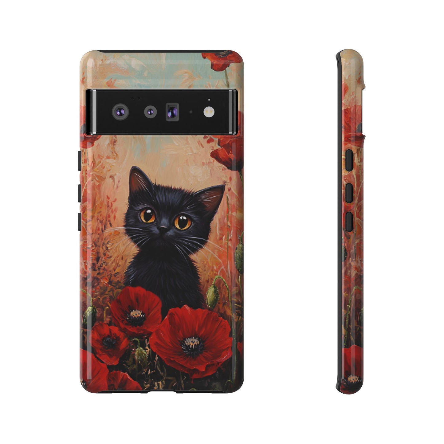 Cute Black Cat in Poppy Flower Field Phone Case - Cat Lover Phone Cases for iPhone 16 15 14 13 12 11, Samsung Galaxy & Google Pixel